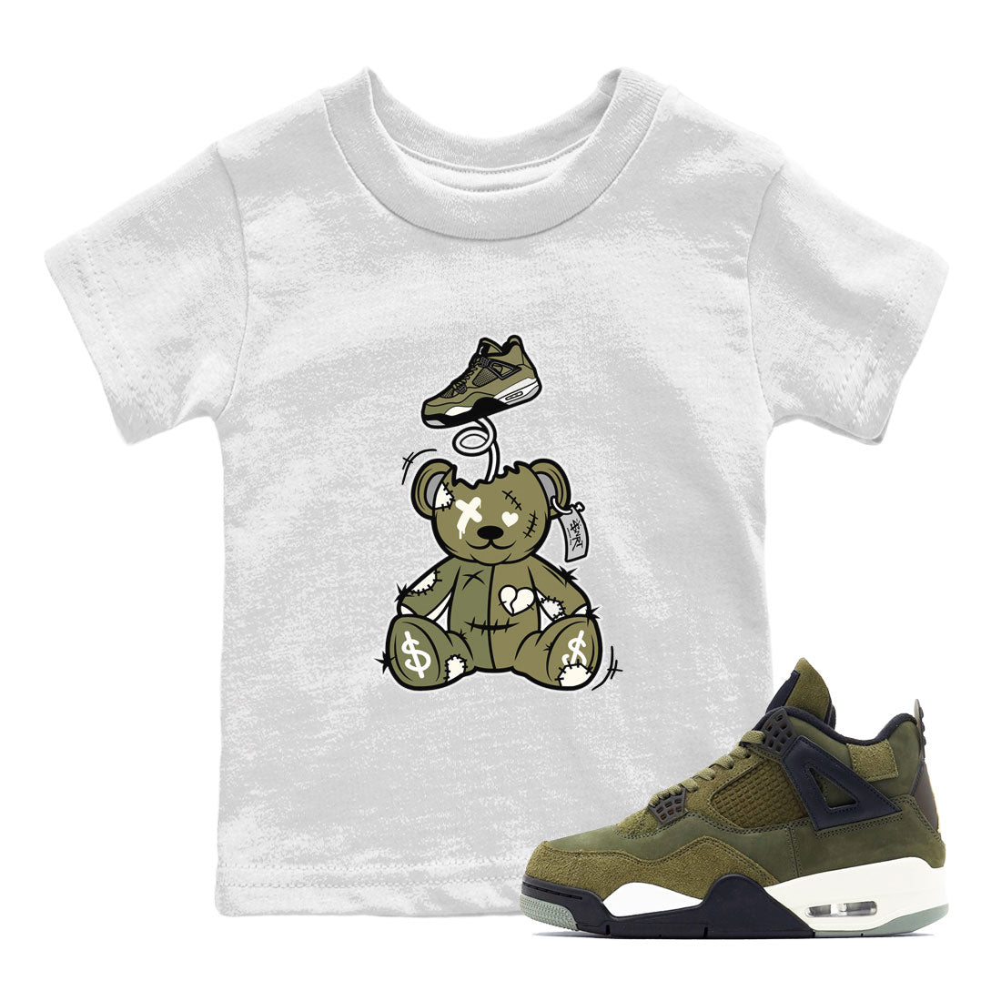 Air Jordan 4 Medium Olive shirt to match jordans streetwear brand Surprise Teddy Bear sneaker tees Air Jordan 4 Medium Olive Drip Gear Zone Baby Toddler White 1 T-Shirt