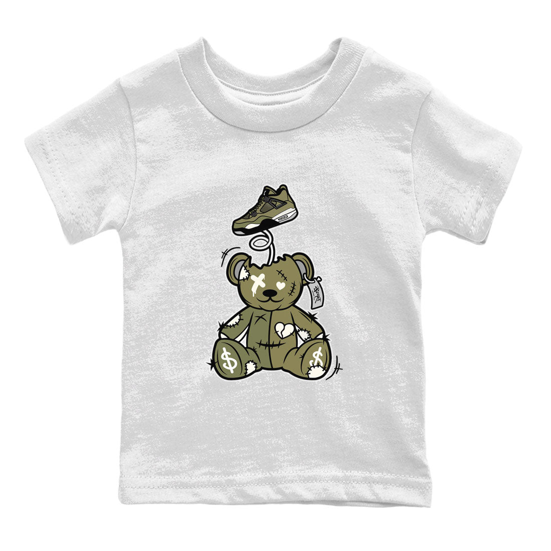 Air Jordan 4 Medium Olive shirt to match jordans streetwear brand Surprise Teddy Bear sneaker tees Air Jordan 4 Medium Olive Drip Gear Zone Baby Toddler White 2 T-Shirt