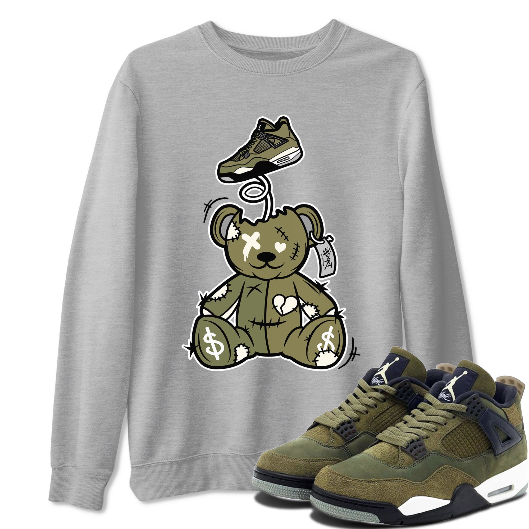 Air Jordan 4 Medium Olive shirt to match jordans streetwear brand Surprise Teddy Bear sneaker tees Air Jordan 4 Medium Olive Drip Gear Zone Unisex Heather Grey 1 T-Shirt