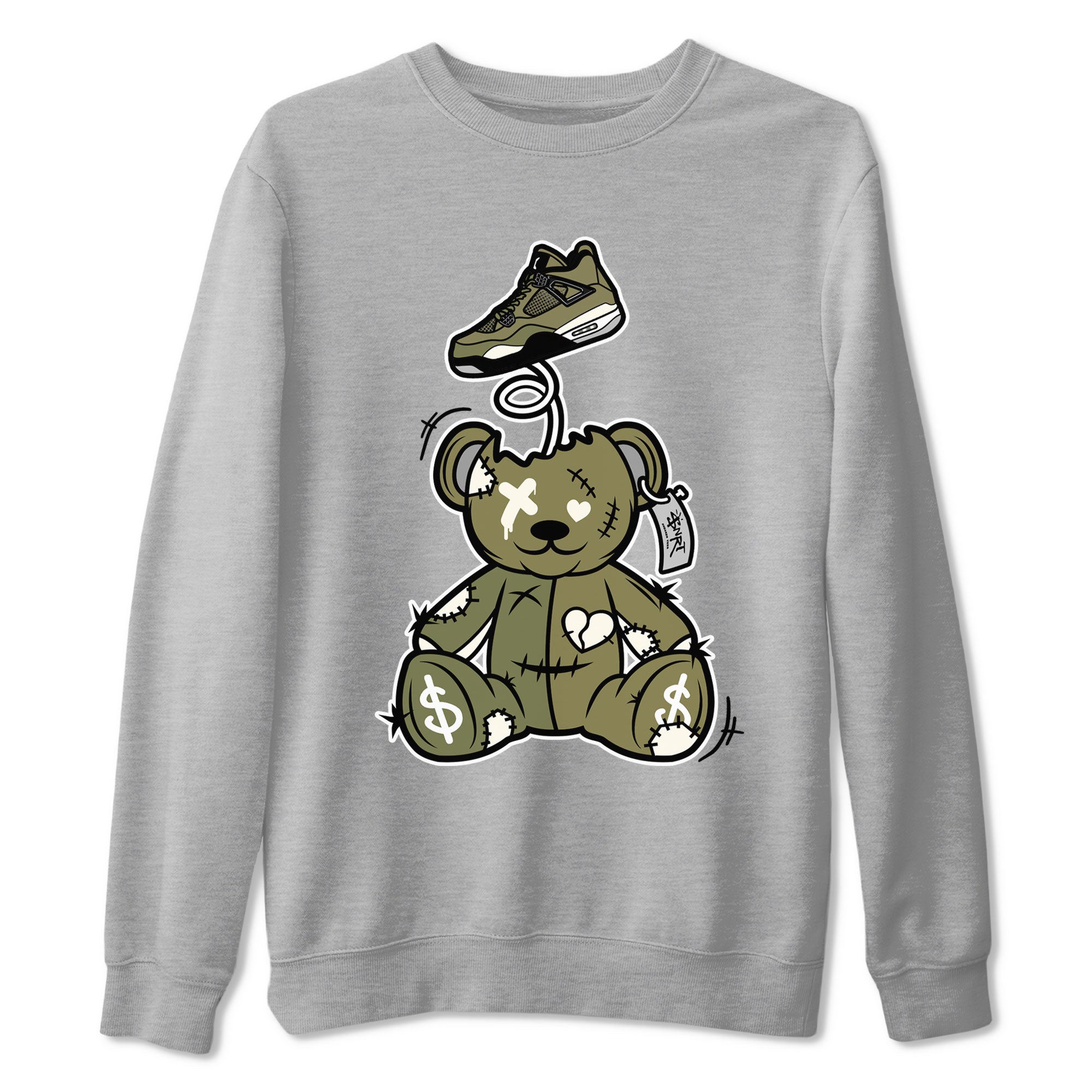 Air Jordan 4 Medium Olive shirt to match jordans streetwear brand Surprise Teddy Bear sneaker tees Air Jordan 4 Medium Olive Drip Gear Zone Unisex Heather Grey 2 T-Shirt