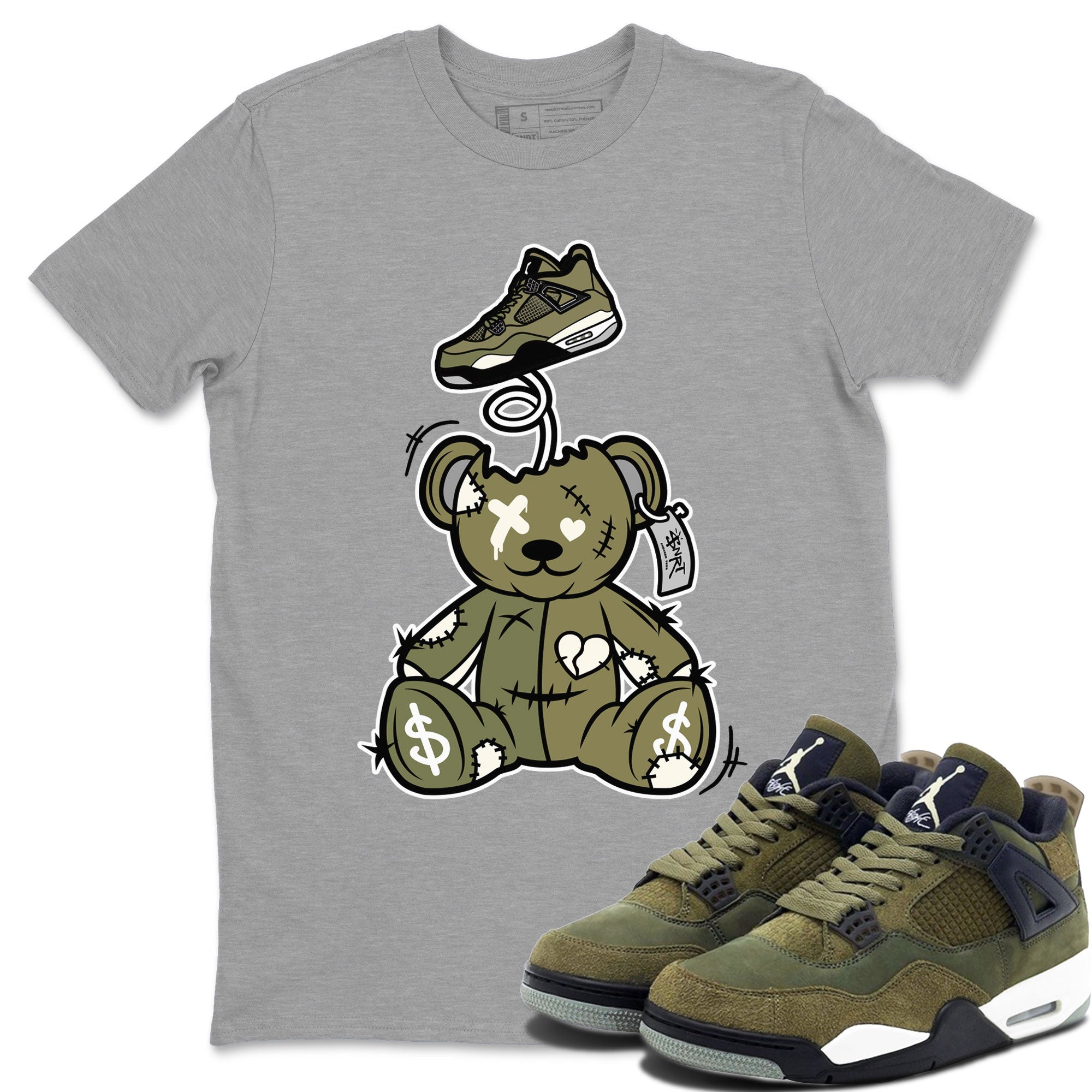 Air Jordan 4 Medium Olive shirt to match jordans streetwear brand Surprise Teddy Bear sneaker tees Air Jordan 4 Medium Olive Drip Gear Zone Unisex Heather Grey 1 T-Shirt