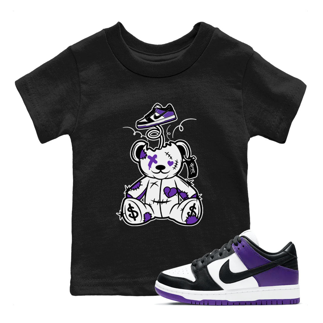 Surprise Teddy Bear sneaker match tees to Court Purple Dunks street fashion brand for shirts to match Jordans Drip Gear Zone Dunk Low Court Purple unisex t-shirt Black 1 youth shirt