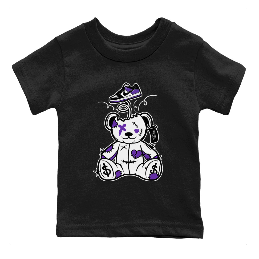Surprise Teddy Bear sneaker match tees to Court Purple Dunks street fashion brand for shirts to match Jordans Drip Gear Zone Dunk Low Court Purple unisex t-shirt Black 2 youth shirt