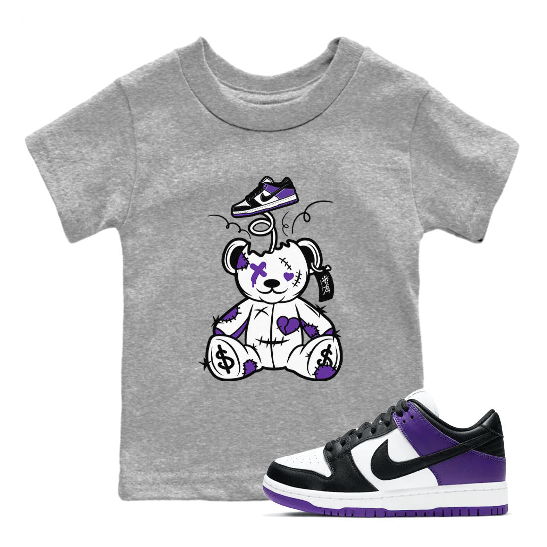 Surprise Teddy Bear sneaker match tees to Court Purple Dunks street fashion brand for shirts to match Jordans Drip Gear Zone Dunk Low Court Purple unisex t-shirt Heather Grey 1 youth shirt