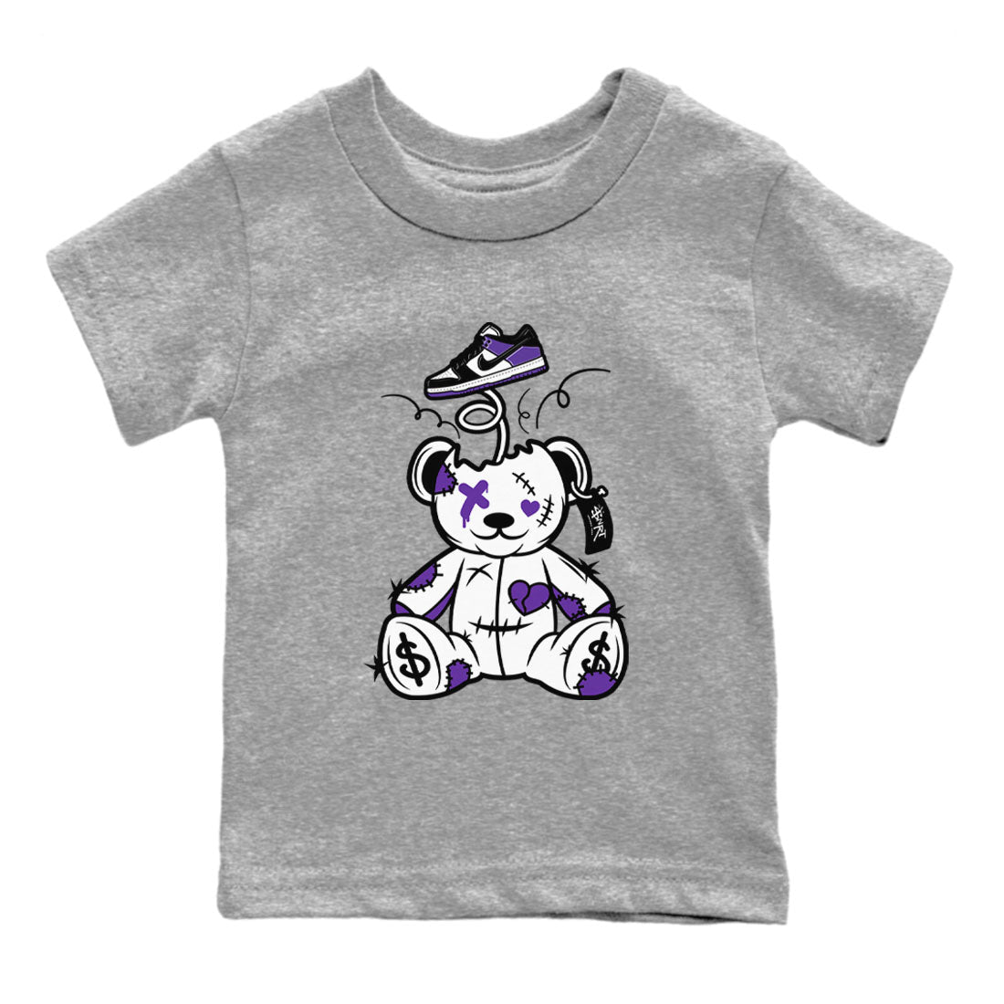 Surprise Teddy Bear sneaker match tees to Court Purple Dunks street fashion brand for shirts to match Jordans Drip Gear Zone Dunk Low Court Purple unisex t-shirt Heather Grey 2 youth shirt
