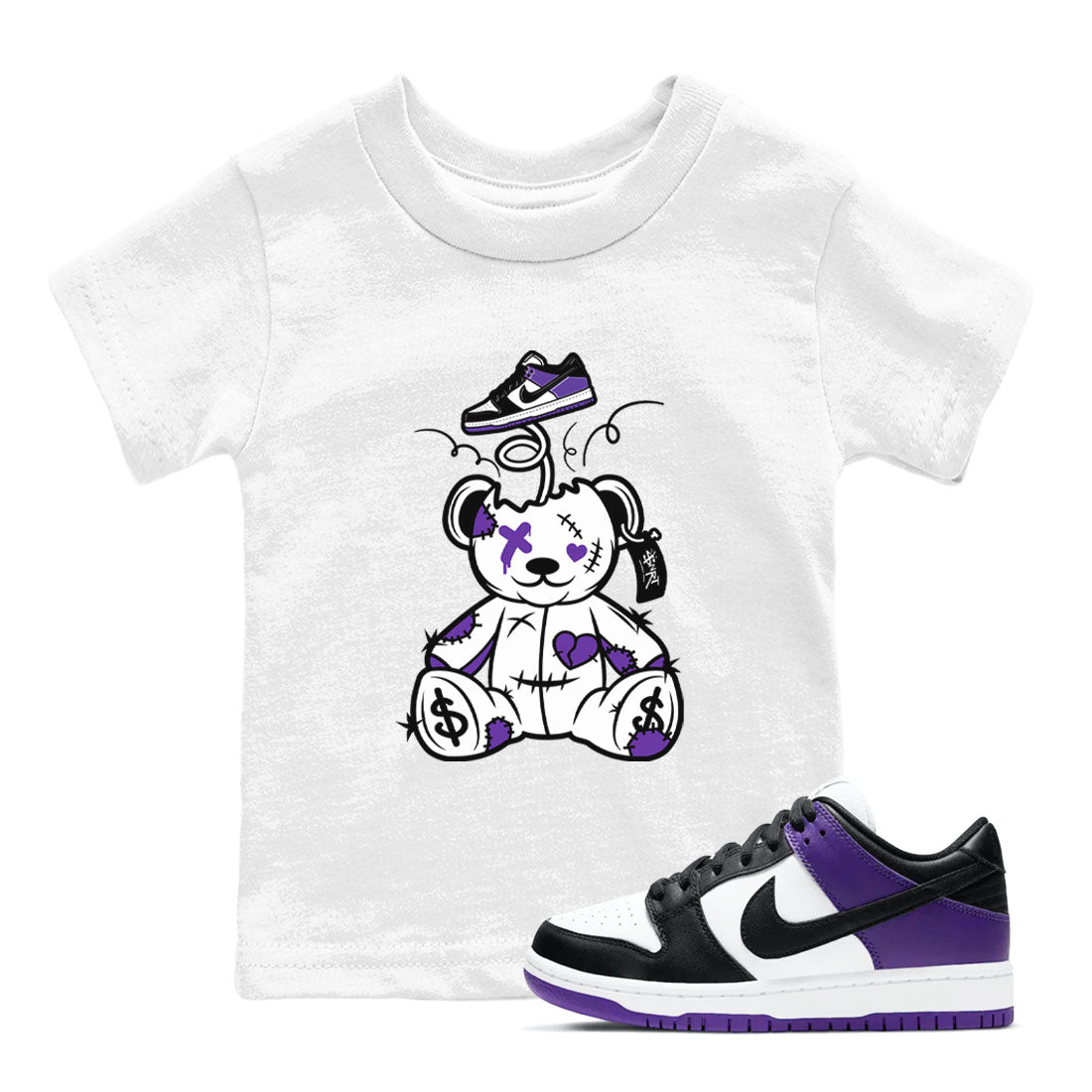Surprise Teddy Bear sneaker match tees to Court Purple Dunks street fashion brand for shirts to match Jordans Drip Gear Zone Dunk Low Court Purple unisex t-shirt White 1 youth shirt