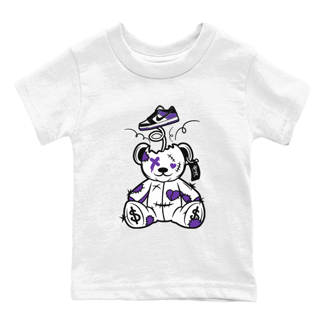 Surprise Teddy Bear sneaker match tees to Court Purple Dunks street fashion brand for shirts to match Jordans Drip Gear Zone Dunk Low Court Purple unisex t-shirt White 2 youth shirt