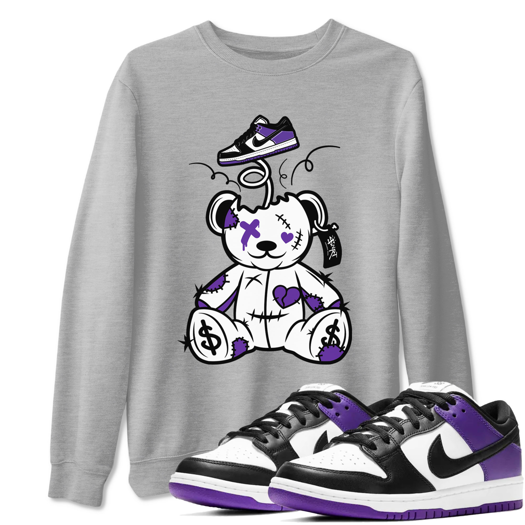 Surprise Teddy Bear sneaker match tees to Court Purple Dunks street fashion brand for shirts to match Jordans Drip Gear Zone Dunk Low Court Purple unisex t-shirt Heather Grey 1 unisex shirt