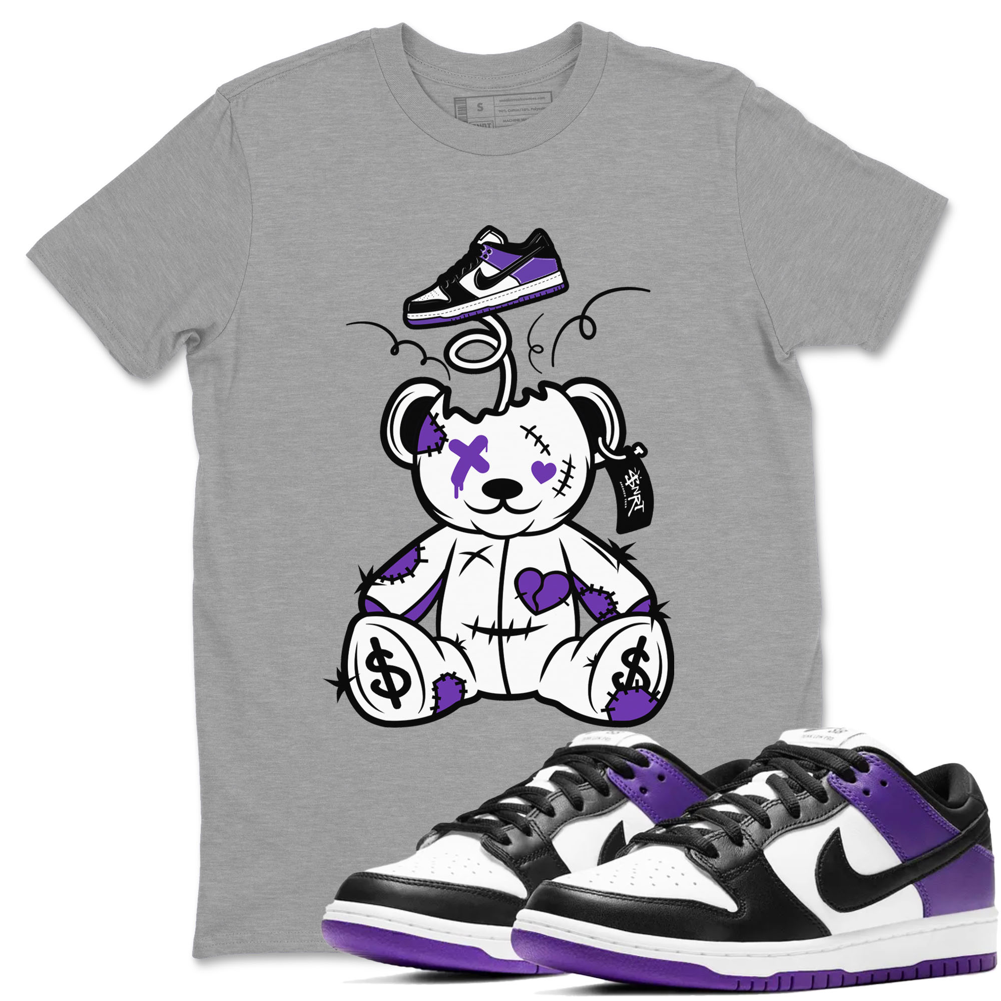 Surprise Teddy Bear sneaker match tees to Court Purple Dunks street fashion brand for shirts to match Jordans Drip Gear Zone Dunk Low Court Purple unisex t-shirt Heather Grey 1 unisex shirt