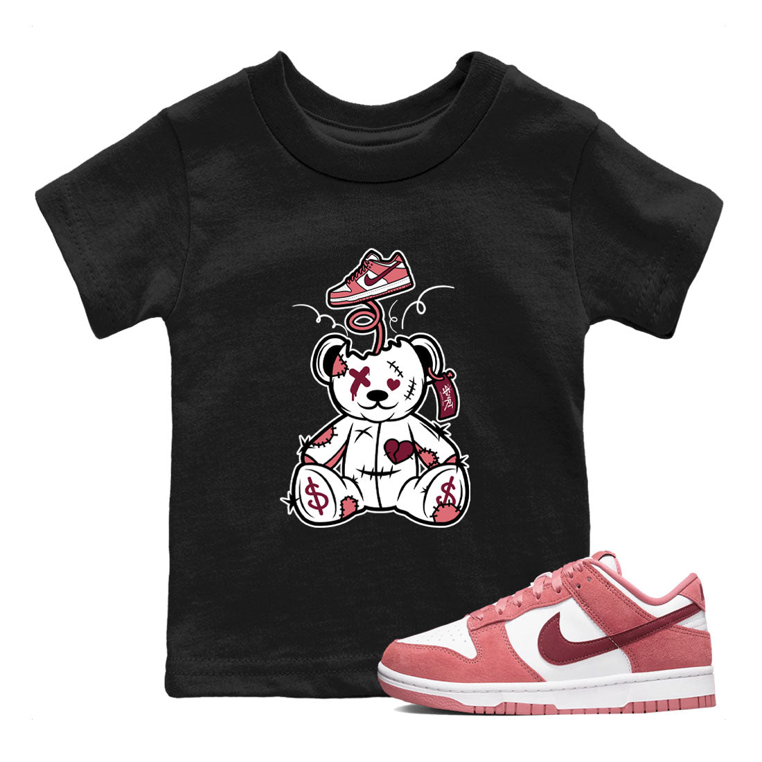 Dunk Valentine's Day shirt to match jordans Surprise Teddy Bear sneaker tees Dunks Valentine's Day Drip Gear Zone baby toddler Black 1 cotton Shirt