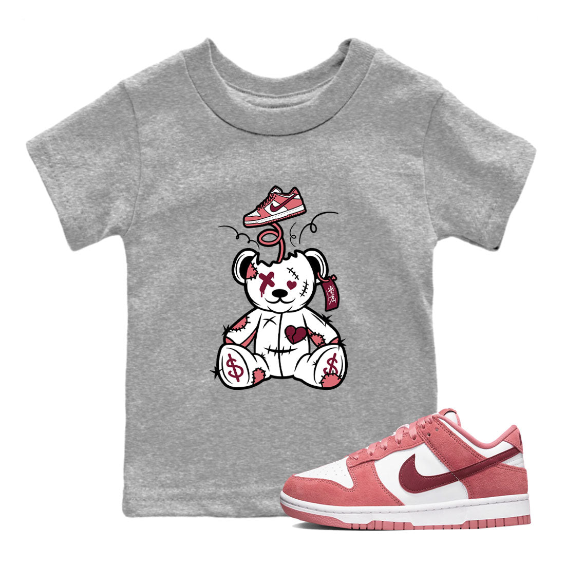 Dunk Valentine's Day shirt to match jordans Surprise Teddy Bear sneaker tees Dunks Valentine's Day Drip Gear Zone baby toddler Heather Grey 1 cotton Shirt