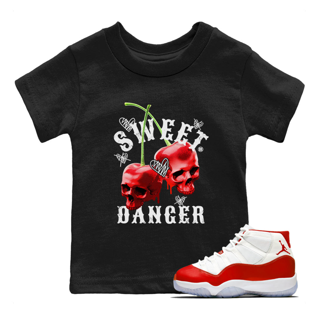 Air Jordan 11 Cherry Sneaker Match Tees Sweet Danger Streetwear Sneaker Shirt 11s Cherry Sneaker Release Tees AJ11 Varsity Red Kids Shirts Black 1