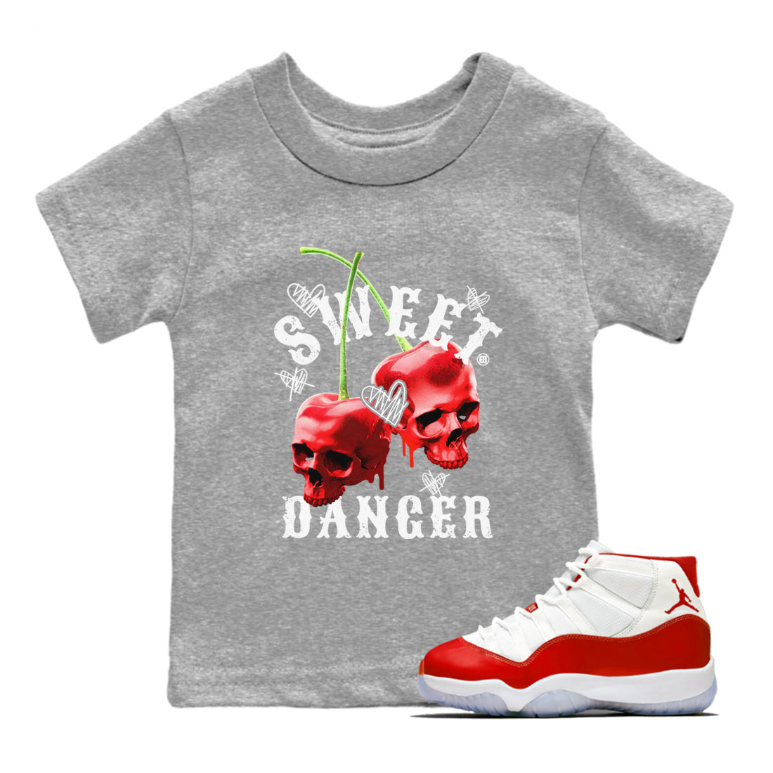 Air Jordan 11 Cherry Sneaker Match Tees Sweet Danger Streetwear Sneaker Shirt 11s Cherry Sneaker Release Tees AJ11 Varsity Red Kids Shirts Heather Grey 1