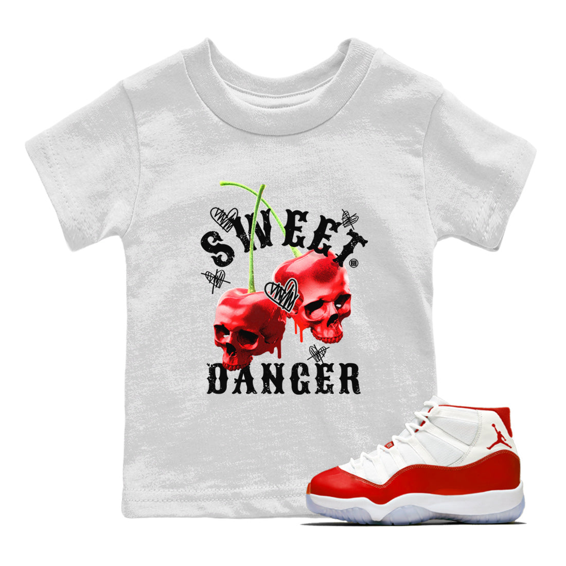 Air Jordan 11 Cherry Sneaker Match Tees Sweet Danger Streetwear Sneaker Shirt 11s Cherry Sneaker Release Tees AJ11 Varsity Red Kids Shirts White 1