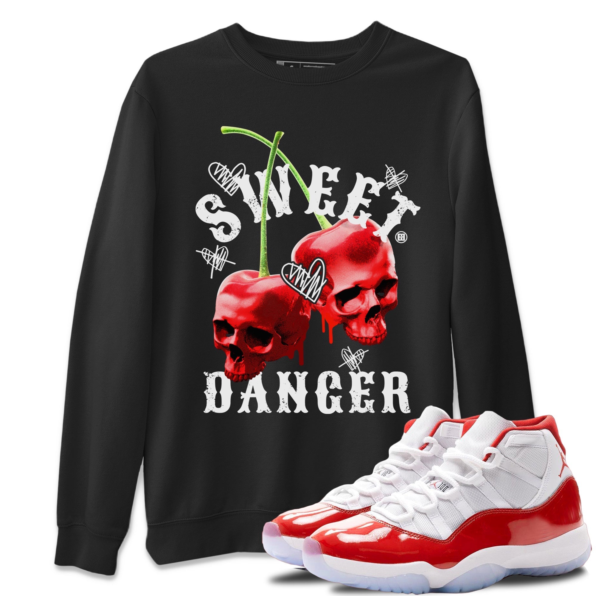 Air Jordan 11 Cherry Sneaker Match Tees Sweet Danger Streetwear Sneaker Shirt 11s Cherry Sneaker Release Tees AJ11 Varsity Red Unisex Shirts Black 1