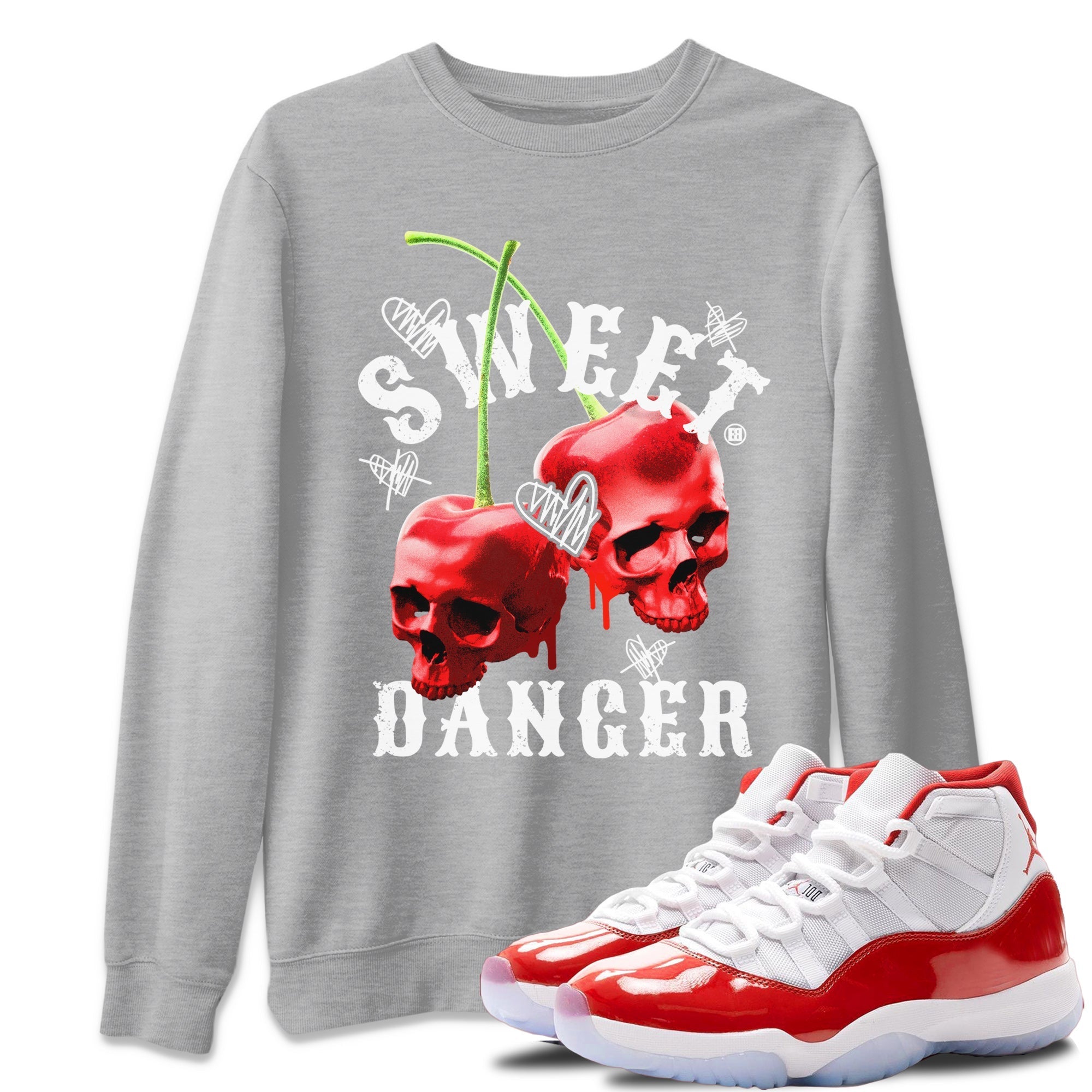 Air Jordan 11 Cherry Sneaker Match Tees Sweet Danger Streetwear Sneaker Shirt 11s Cherry Sneaker Release Tees AJ11 Varsity Red Unisex Shirts Heather Grey 1