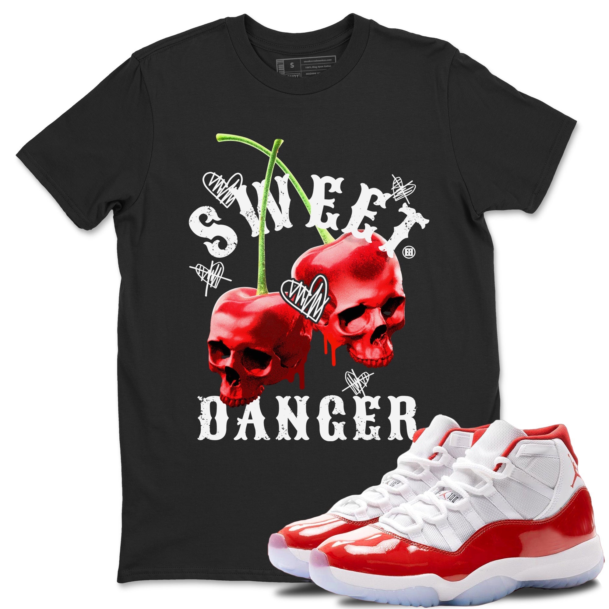 Air Jordan 11 Cherry Sneaker Match Tees Sweet Danger Streetwear Sneaker Shirt 11s Cherry Sneaker Release Tees AJ11 Varsity Red Unisex Shirts Black 1