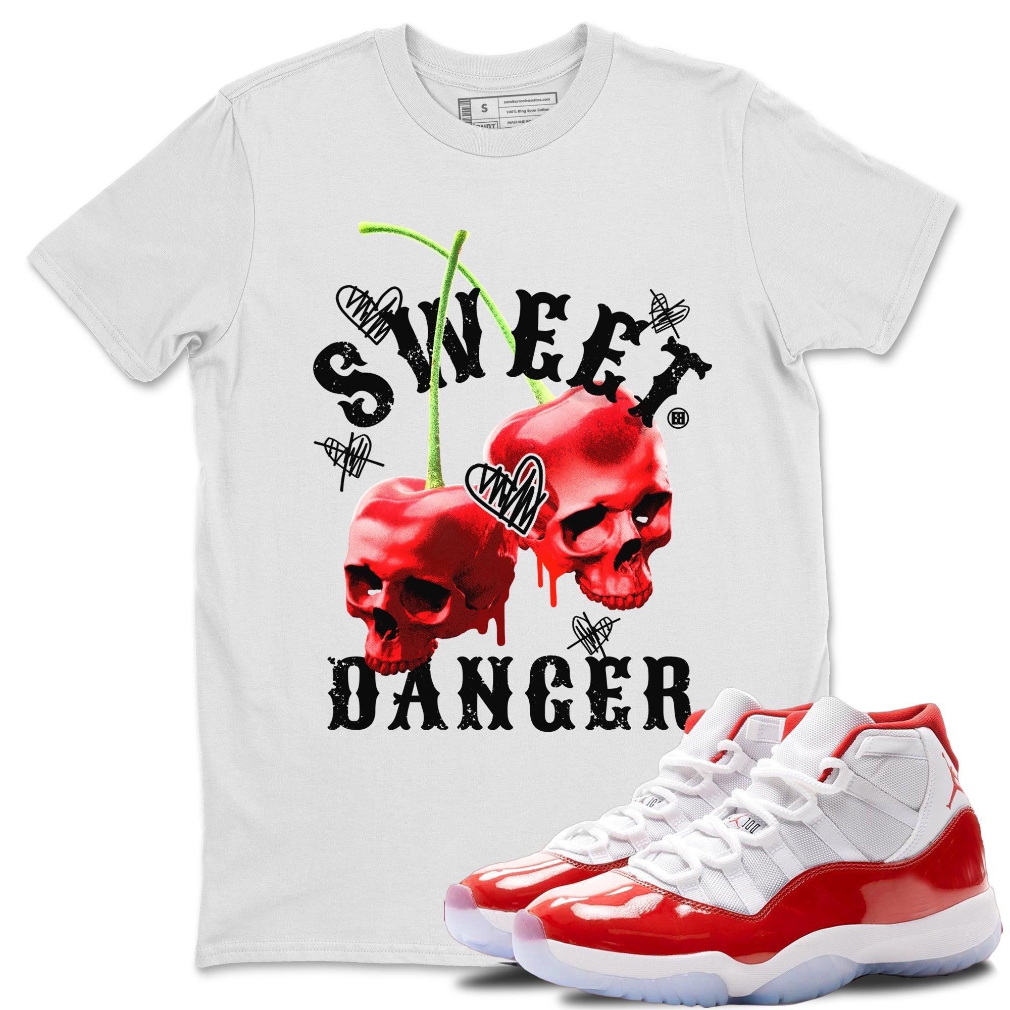Air Jordan 11 Cherry Sneaker Match Tees Sweet Danger Streetwear Sneaker Shirt 11s Cherry Sneaker Release Tees AJ11 Varsity Red Unisex Shirts White 1