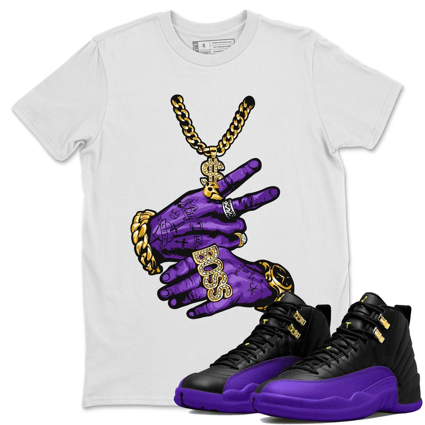Air Jordan 12 Field Purple Sneaker Match Tees Tattoo Hands Sneaker Tees AJ12 Field Purple Sneaker Release Tees Unisex Shirts White 1