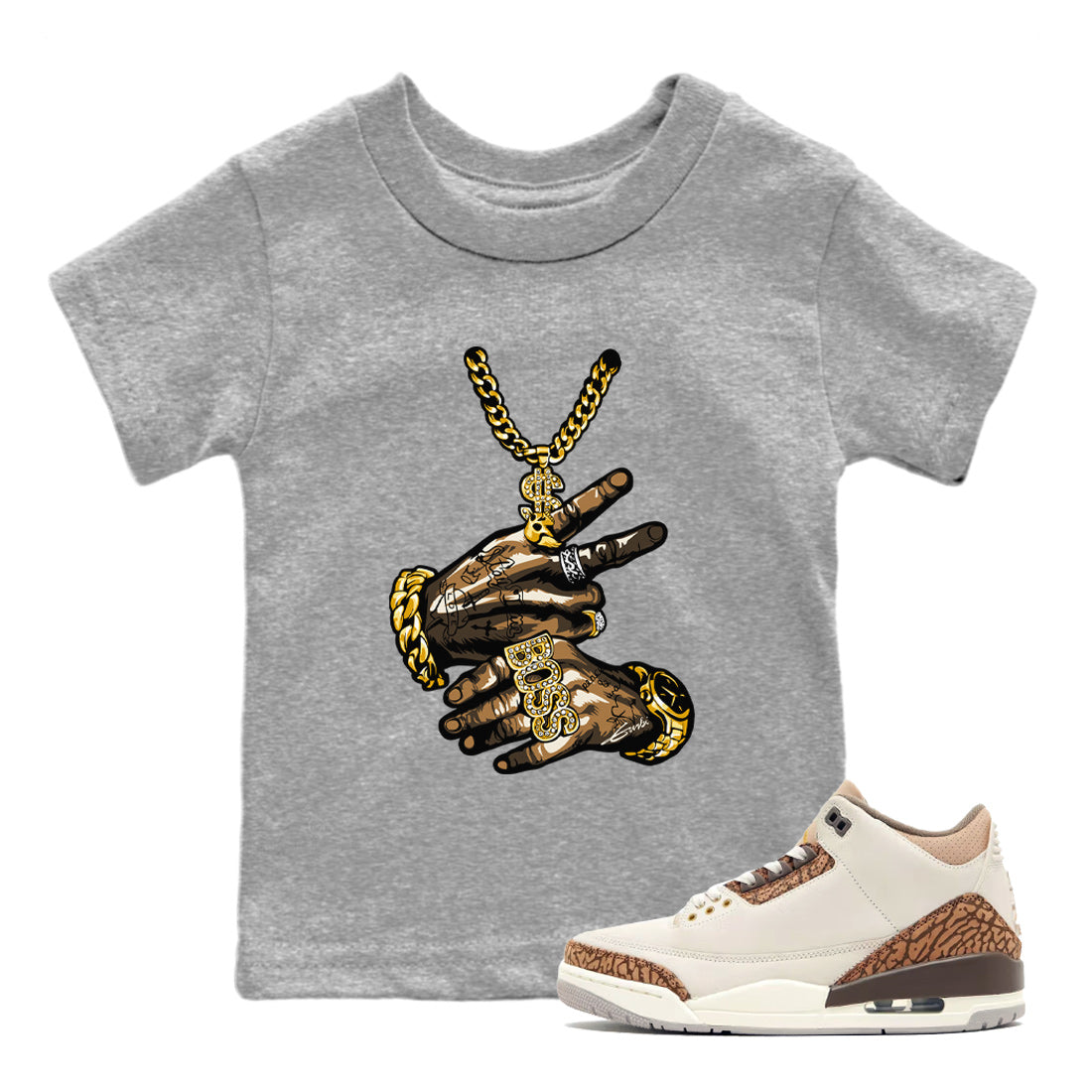 Air Jordan 3 Palomino Sneaker Match Tees Tattoo Hands Sneaker Tees Jordan 3 Palomino Sneaker Release Tees Kids Shirts Heather Grey 1