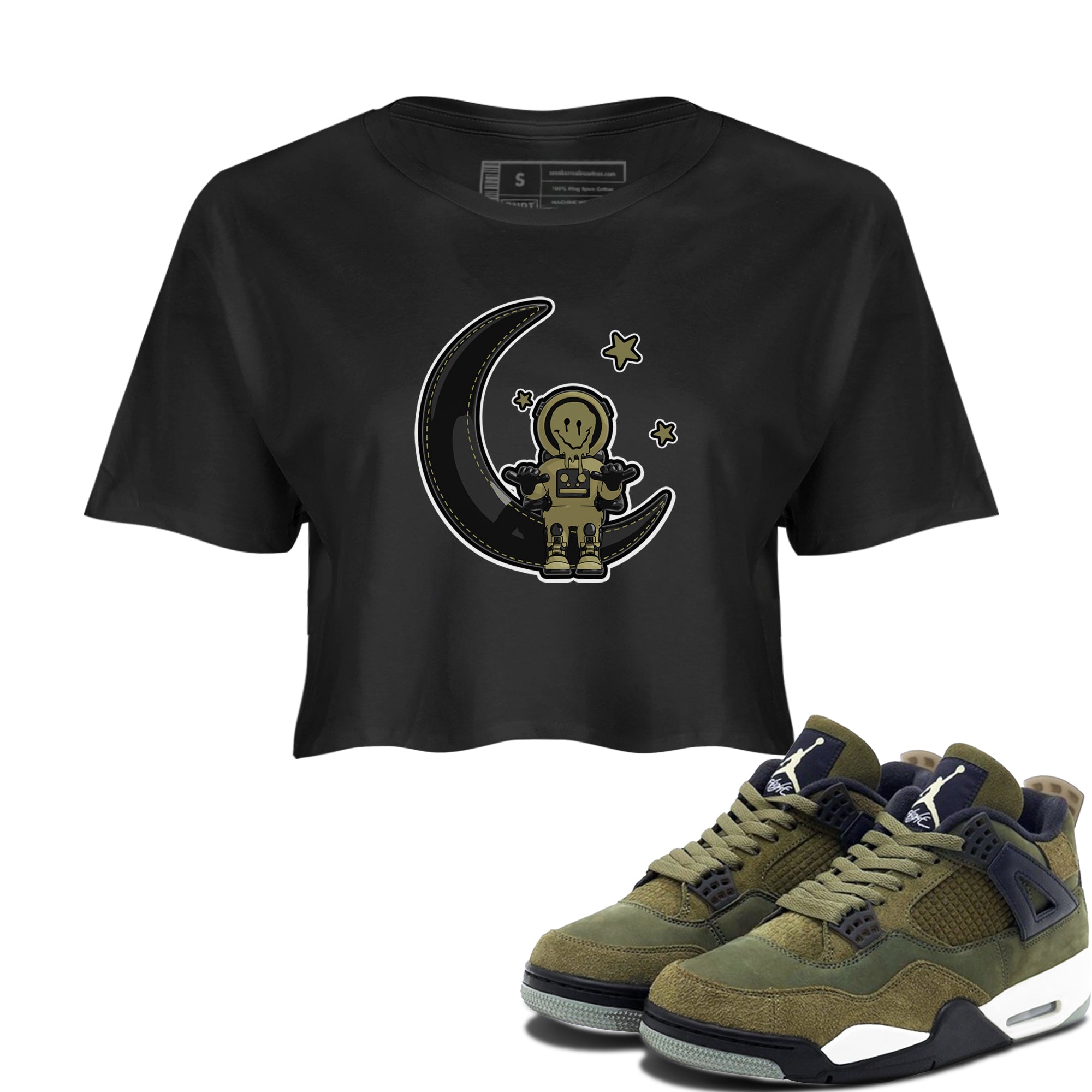 Air Jordan 4 Medium Olive shirt to match jordans streetwear brand The Astronaut sneaker tees AJ4 Medium Olive Drip Gear Zone Black 1 Crop T-Shirt