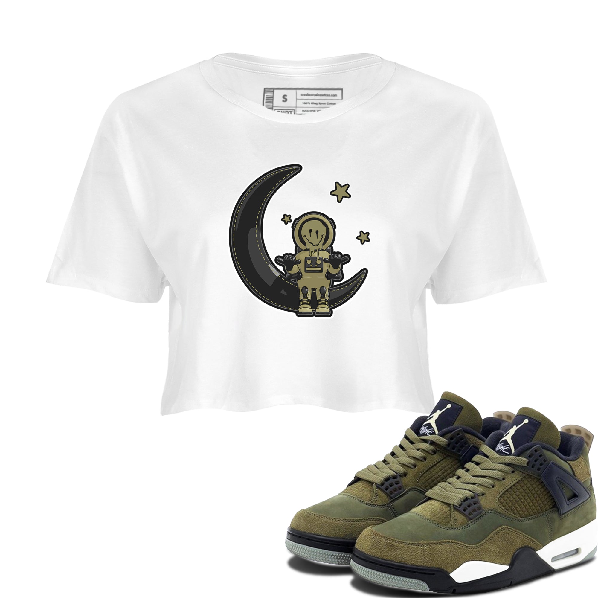 Air Jordan 4 Medium Olive shirt to match jordans streetwear brand The Astronaut sneaker tees AJ4 Medium Olive Drip Gear Zone White 1 Crop T-Shirt
