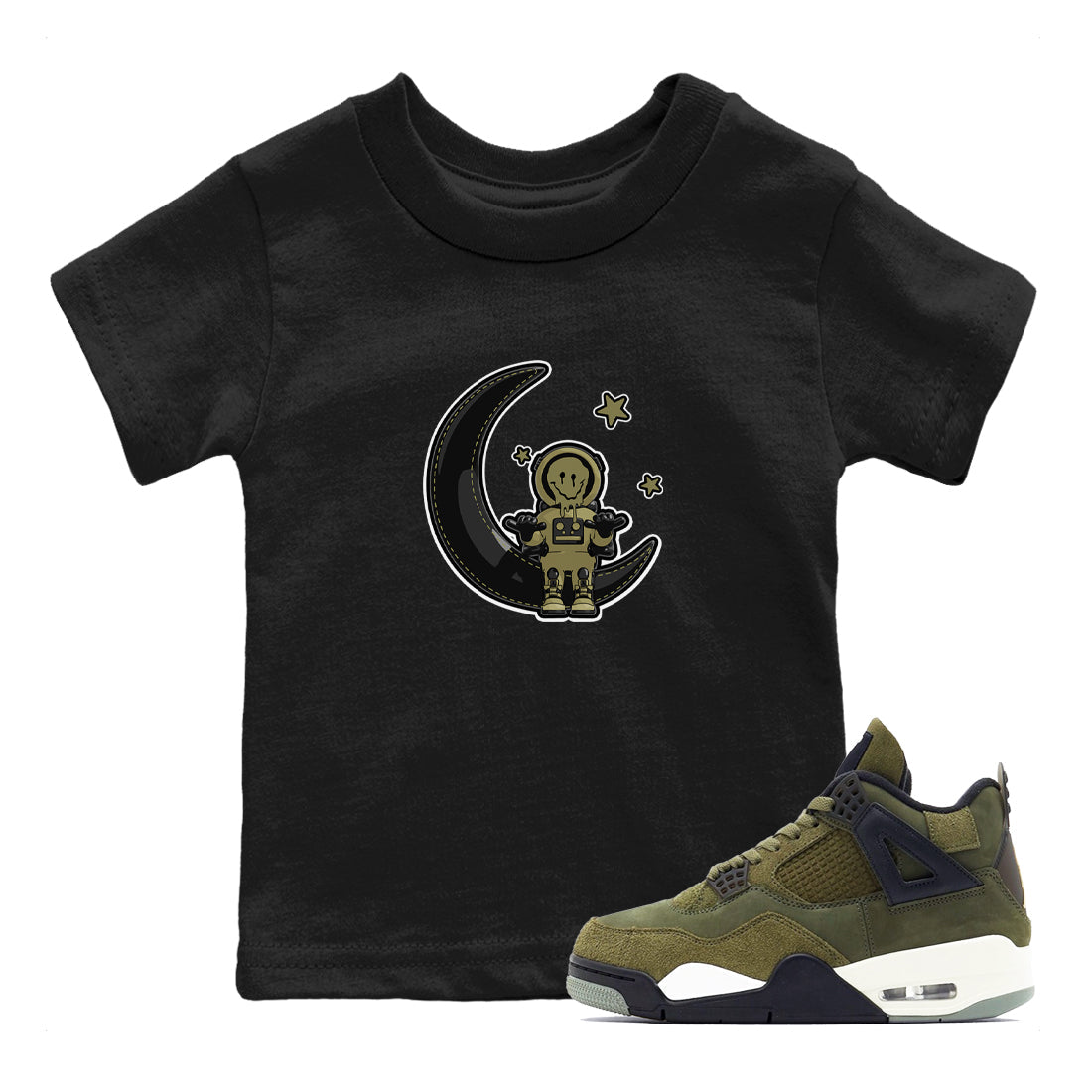 Air Jordan 4 Medium Olive shirt to match jordans streetwear brand The Astronaut sneaker tees AJ4 Medium Olive Drip Gear Zone Baby Toddler Black 1 T-Shirt