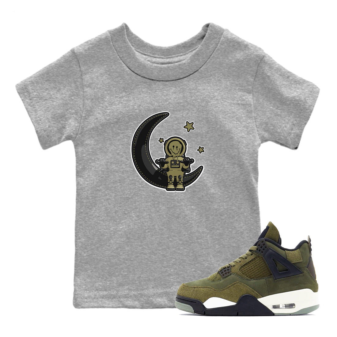 Air Jordan 4 Medium Olive shirt to match jordans streetwear brand The Astronaut sneaker tees AJ4 Medium Olive Drip Gear Zone Baby Toddler Heather Grey 1 T-Shirt
