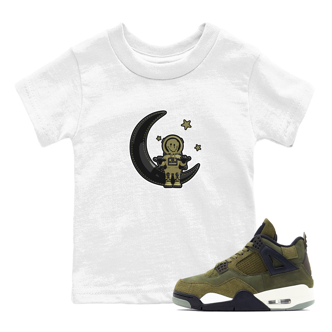 Air Jordan 4 Medium Olive shirt to match jordans streetwear brand The Astronaut sneaker tees AJ4 Medium Olive Drip Gear Zone Baby Toddler White 1 T-Shirt