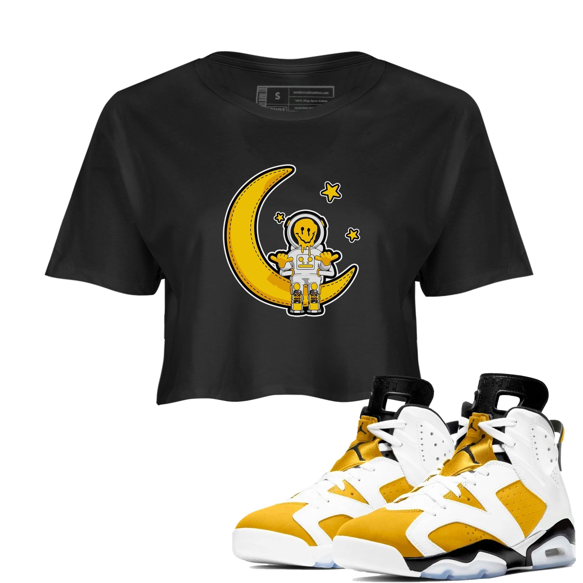 Air Jordan 6 Yellow Ochre shirt to match jordans The Astronaut sneaker tees streetwear brand AJ6 Yellow Ochre Drip Gear Zone Brand Black 1 Crop T-Shirt