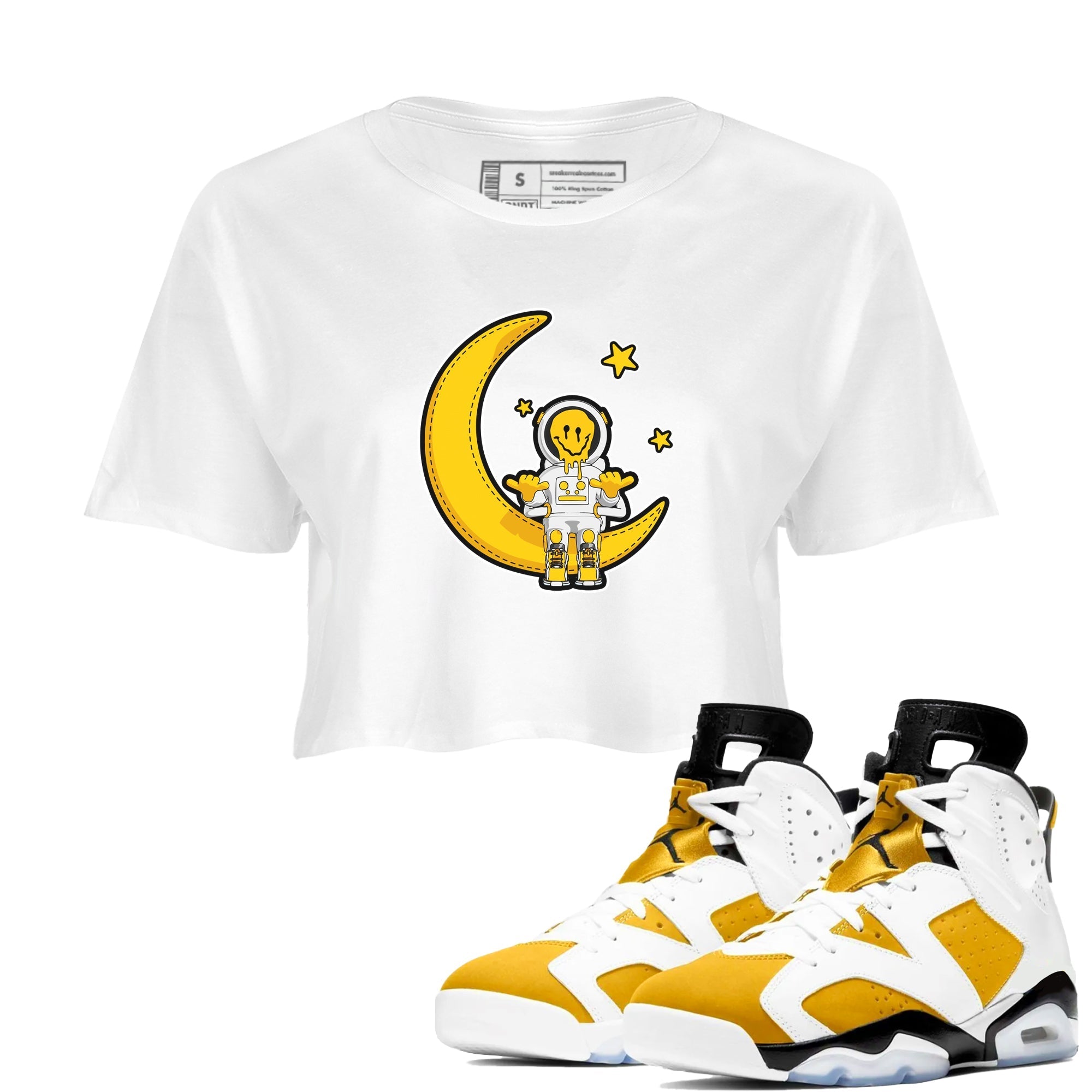 Air Jordan 6 Yellow Ochre shirt to match jordans The Astronaut sneaker tees streetwear brand AJ6 Yellow Ochre Drip Gear Zone Brand White 1 Crop T-Shirt