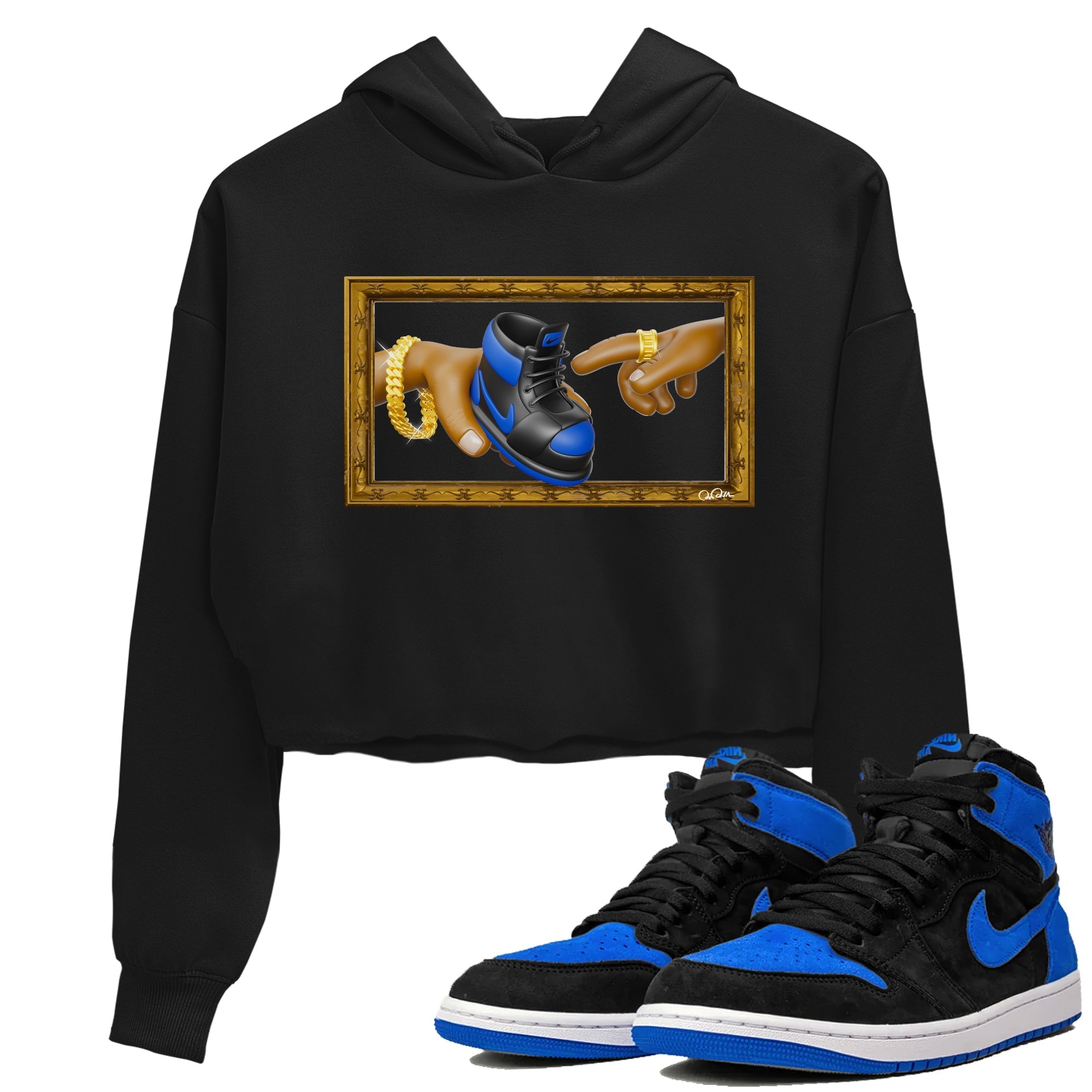 Air Jordan 1 Royal Reimagined shirt to match jordans The Creation of Adam sneaker tees AJ1 Royal Reimagined Drip Gear Zone Black 1 Crop T-Shirt