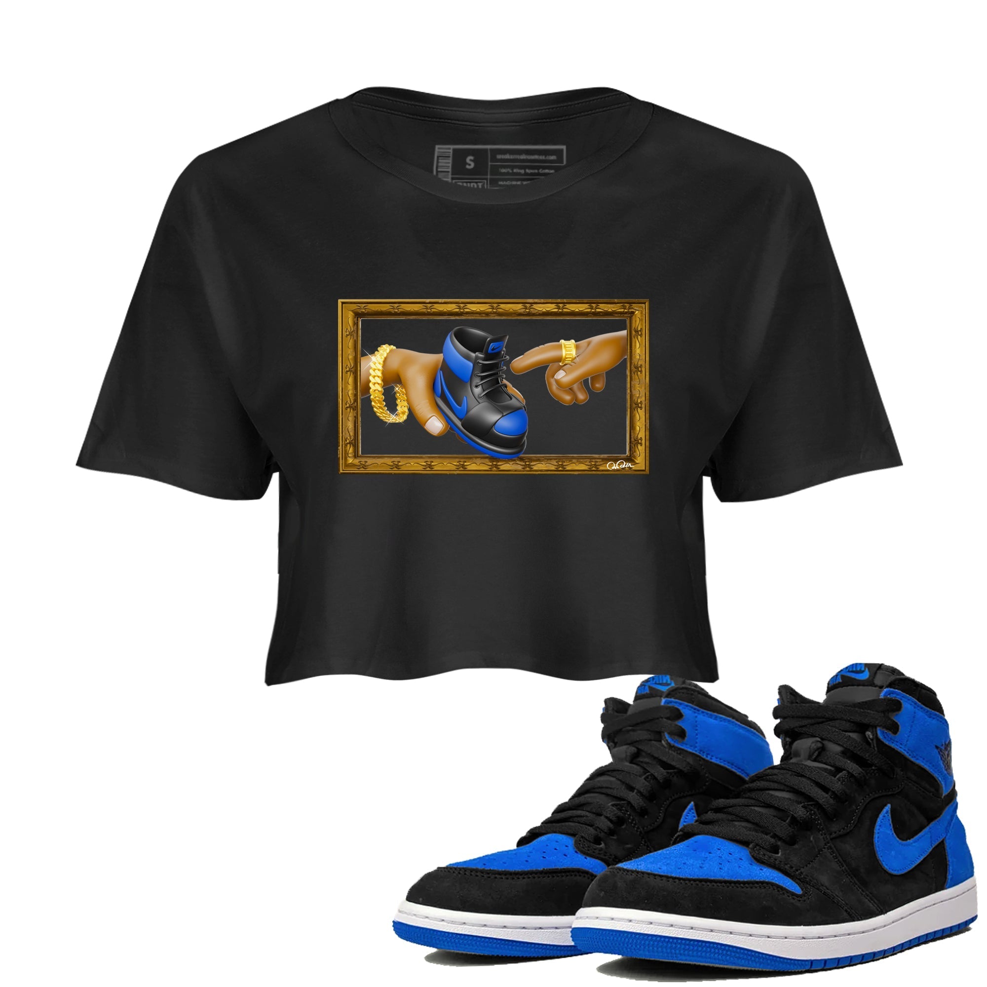 Air Jordan 1 Royal Reimagined shirt to match jordans The Creation of Adam sneaker tees AJ1 Royal Reimagined Drip Gear Zone Black 1 Crop T-Shirt