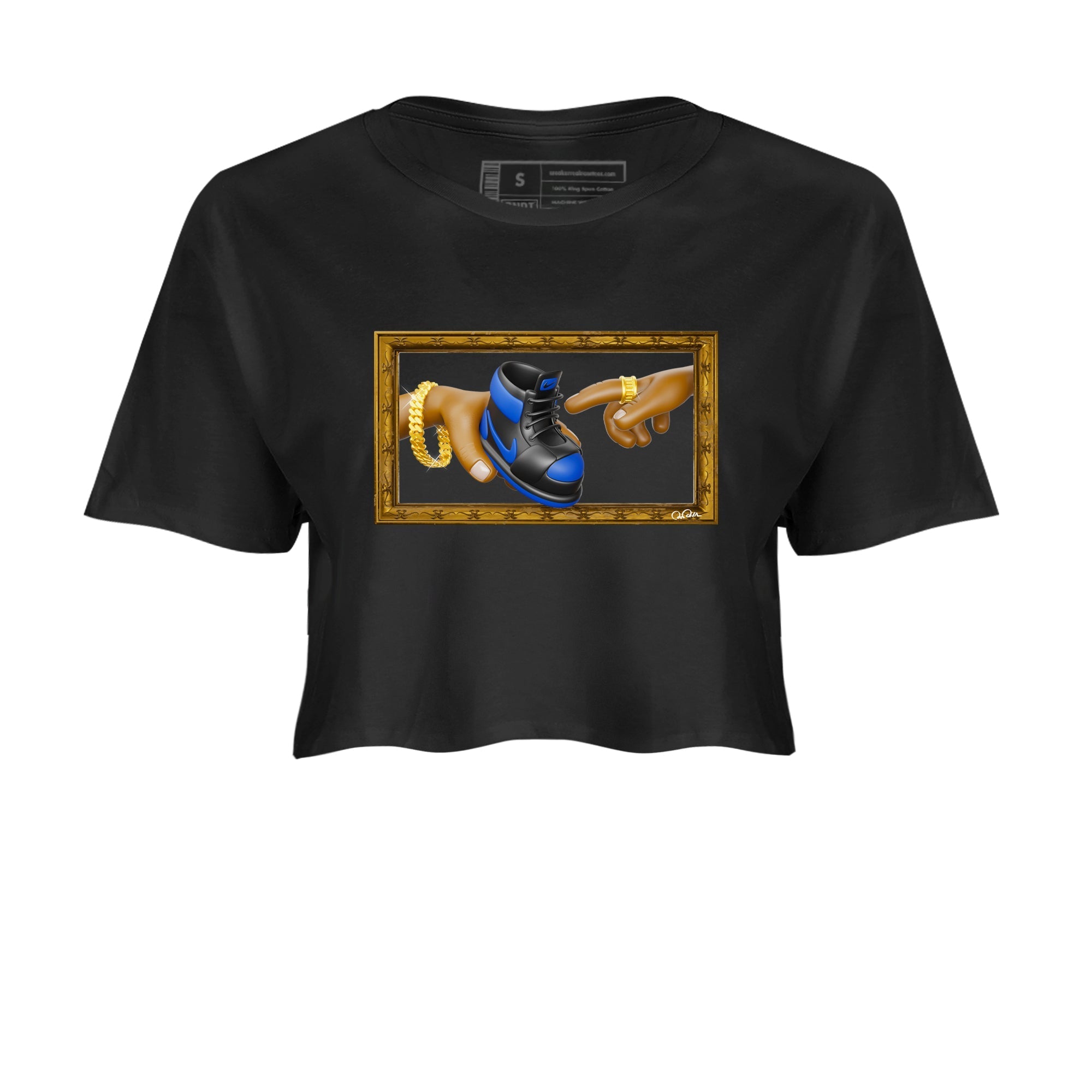 Air Jordan 1 Royal Reimagined shirt to match jordans The Creation of Adam sneaker tees AJ1 Royal Reimagined Drip Gear Zone Black 2 Crop T-Shirt
