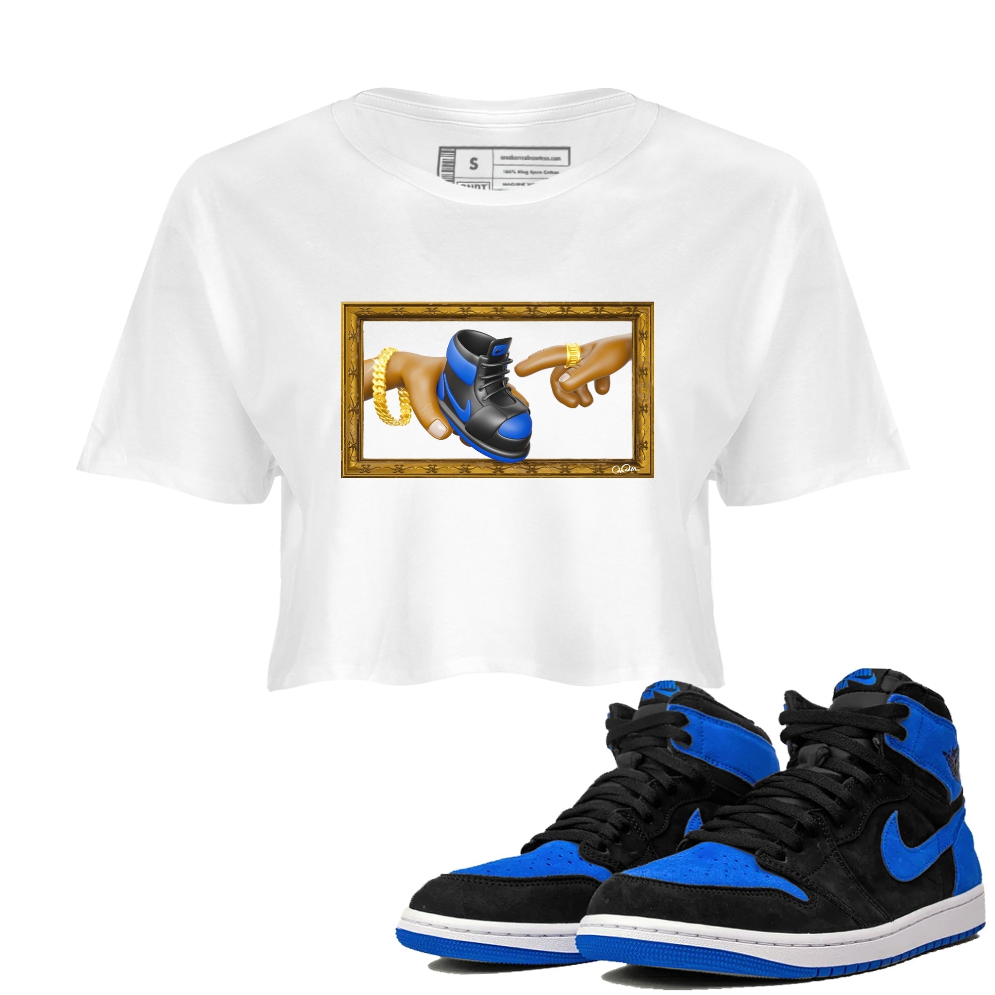 Air Jordan 1 Royal Reimagined shirt to match jordans The Creation of Adam sneaker tees AJ1 Royal Reimagined Drip Gear Zone White 1 Crop T-Shirt