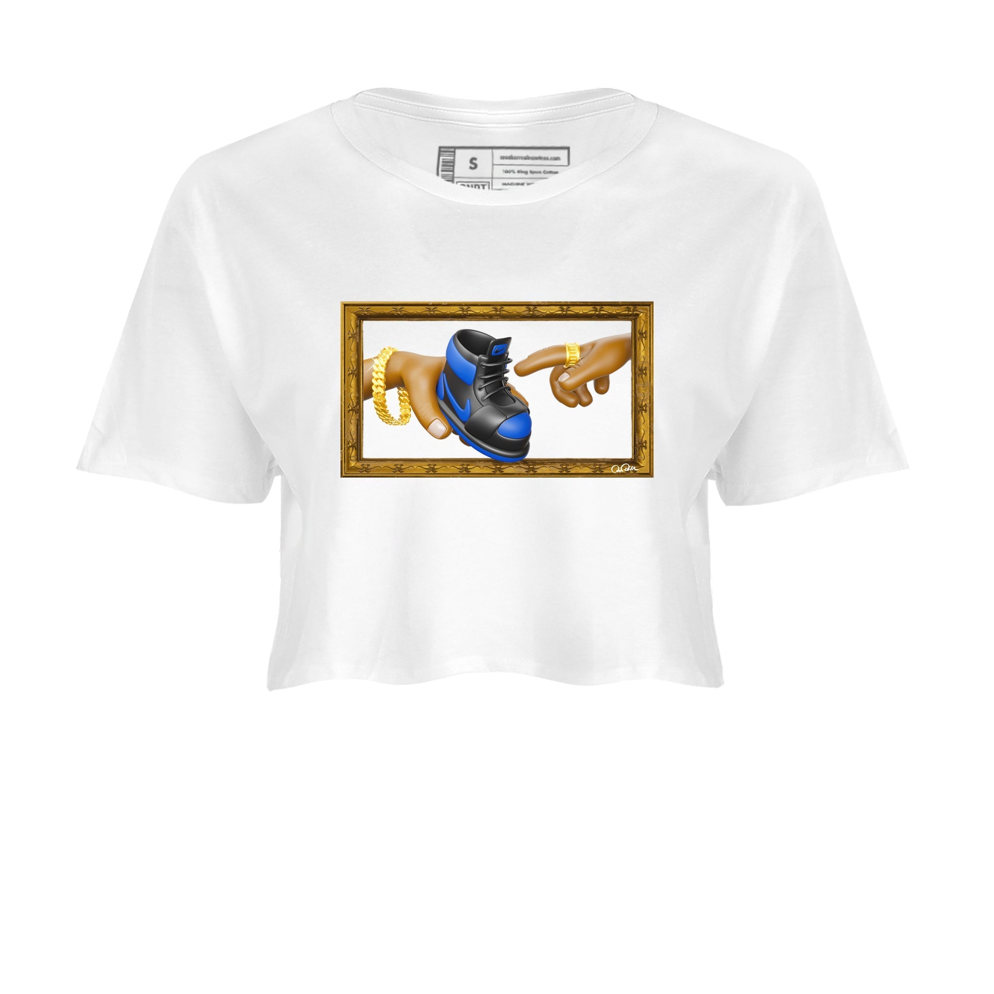 Air Jordan 1 Royal Reimagined shirt to match jordans The Creation of Adam sneaker tees AJ1 Royal Reimagined Drip Gear Zone White 2 Crop T-Shirt