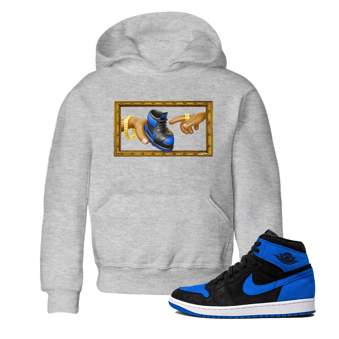 Air Jordan 1 Royal Reimagined shirt to match jordans The Creation of Adam sneaker tees AJ1 Royal Reimagined Drip Gear Zone Kids Baby Toddler sneaker shirts Heather Grey 1 T-Shirt