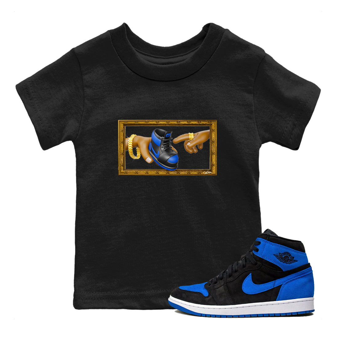 Air Jordan 1 Royal Reimagined shirt to match jordans The Creation of Adam sneaker tees AJ1 Royal Reimagined Drip Gear Zone Kids Baby Toddler sneaker shirts Black 1 T-Shirt