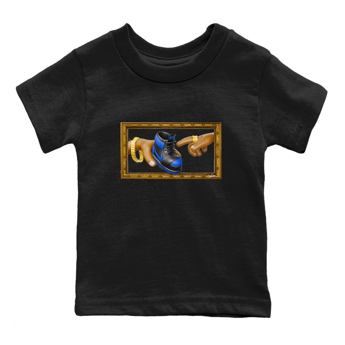 Air Jordan 1 Royal Reimagined shirt to match jordans The Creation of Adam sneaker tees AJ1 Royal Reimagined Drip Gear Zone Kids Baby Toddler sneaker shirts Black 2 T-Shirt