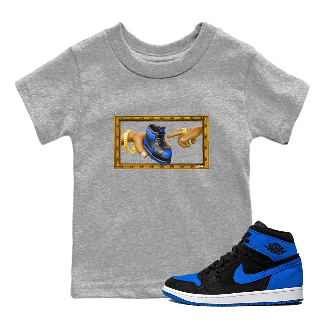 Air Jordan 1 Royal Reimagined shirt to match jordans The Creation of Adam sneaker tees AJ1 Royal Reimagined Drip Gear Zone Kids Baby Toddler sneaker shirts Heather Grey 1 T-Shirt