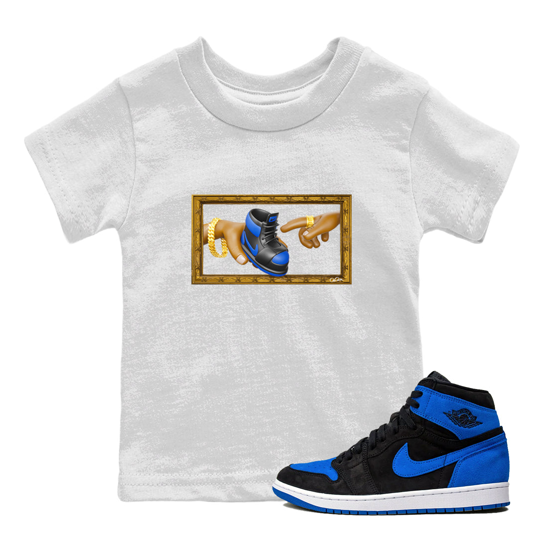 Air Jordan 1 Royal Reimagined shirt to match jordans The Creation of Adam sneaker tees AJ1 Royal Reimagined Drip Gear Zone Kids Baby Toddler sneaker shirts White 1 T-Shirt