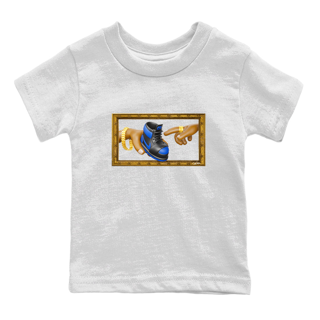Air Jordan 1 Royal Reimagined shirt to match jordans The Creation of Adam sneaker tees AJ1 Royal Reimagined Drip Gear Zone Kids Baby Toddler sneaker shirts White 2 T-Shirt