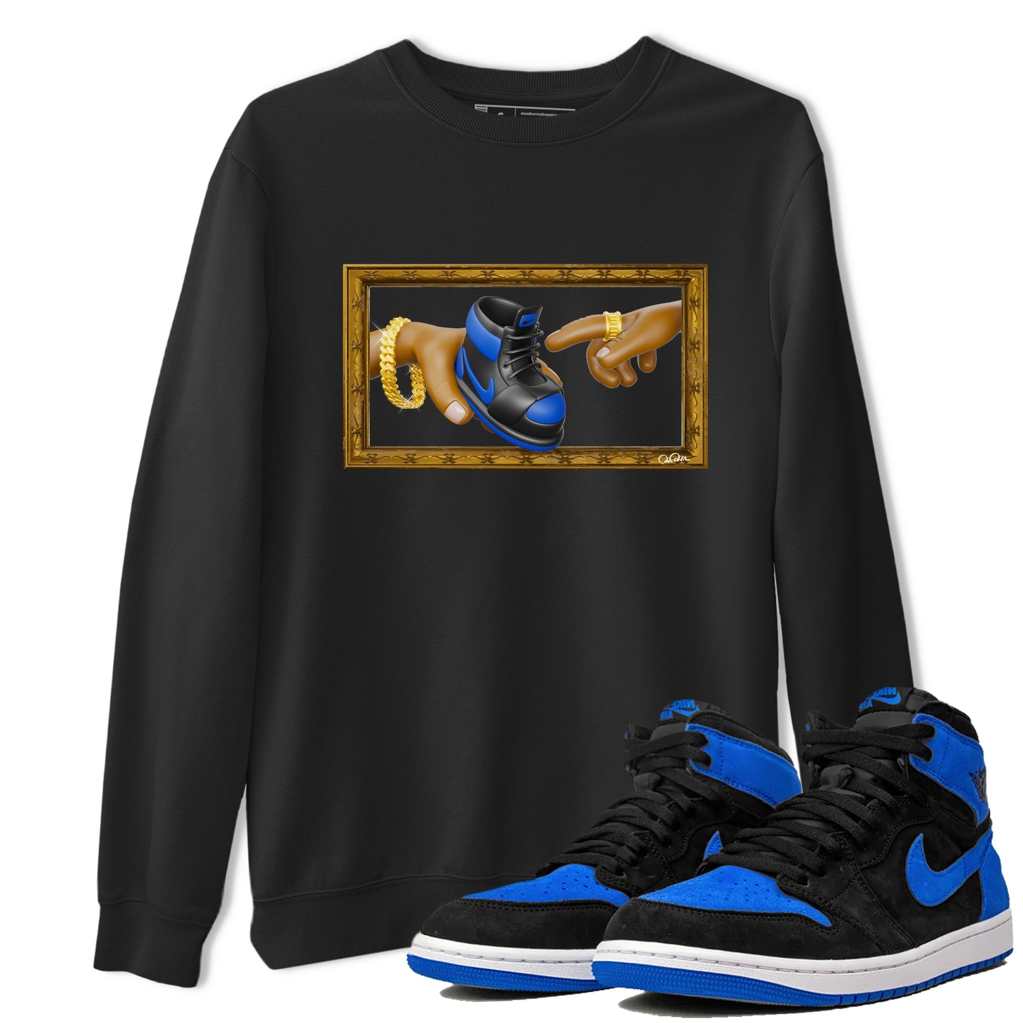 Air Jordan 1 Royal Reimagined shirt to match jordans The Creation of Adam sneaker tees AJ1 Royal Reimagined Drip Gear Zone Unisex Sneaker Tees and Sneaker Match T-Shirt Black 1 T-Shirt
