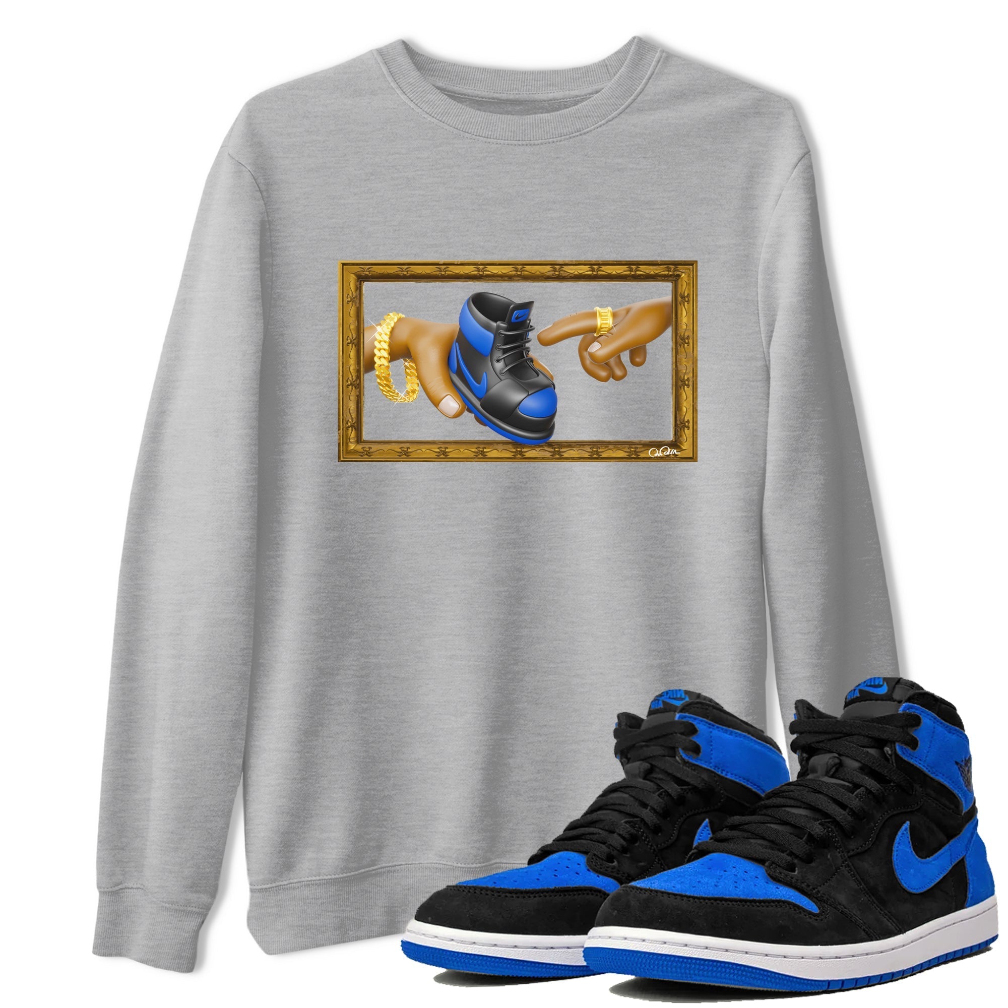 Air Jordan 1 Royal Reimagined shirt to match jordans The Creation of Adam sneaker tees AJ1 Royal Reimagined Drip Gear Zone Unisex Sneaker Tees and Sneaker Match T-Shirt Heather Grey 1 T-Shirt