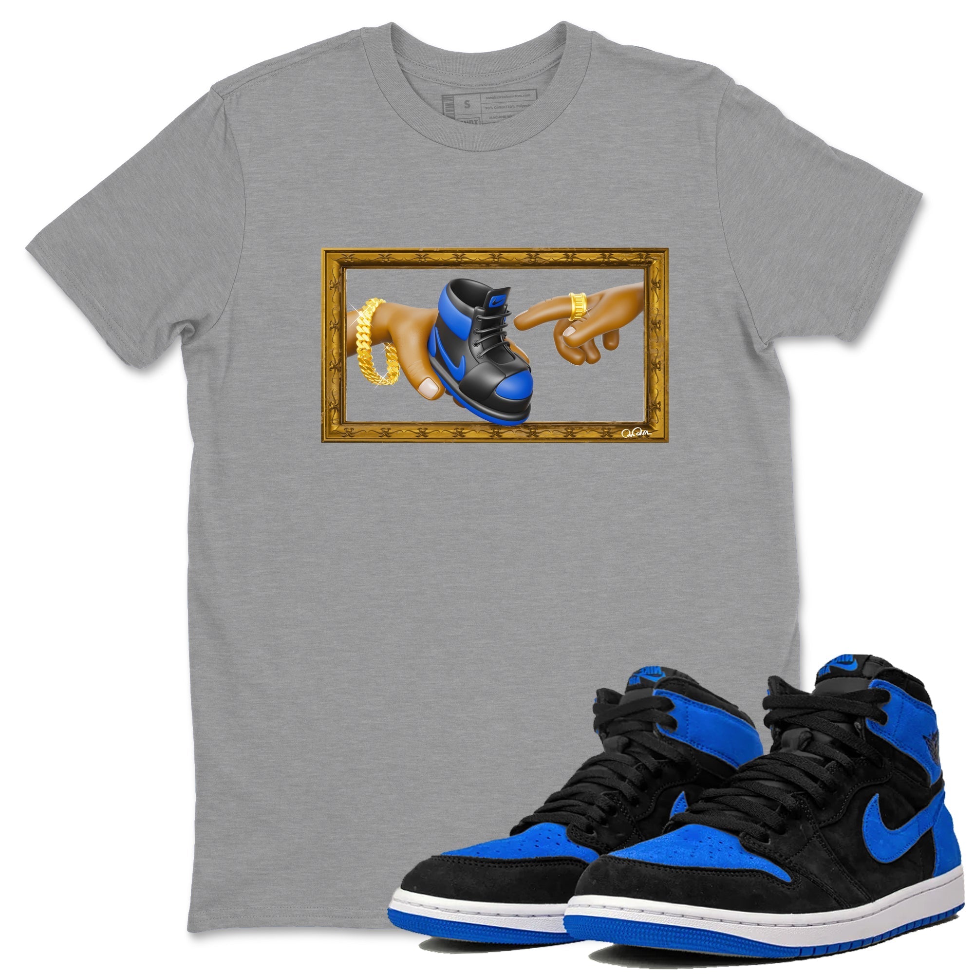 Air Jordan 1 Royal Reimagined shirt to match jordans The Creation of Adam sneaker tees AJ1 Royal Reimagined Drip Gear Zone Unisex Sneaker Tees and Sneaker Match T-Shirt Heather Grey 1 T-Shirt