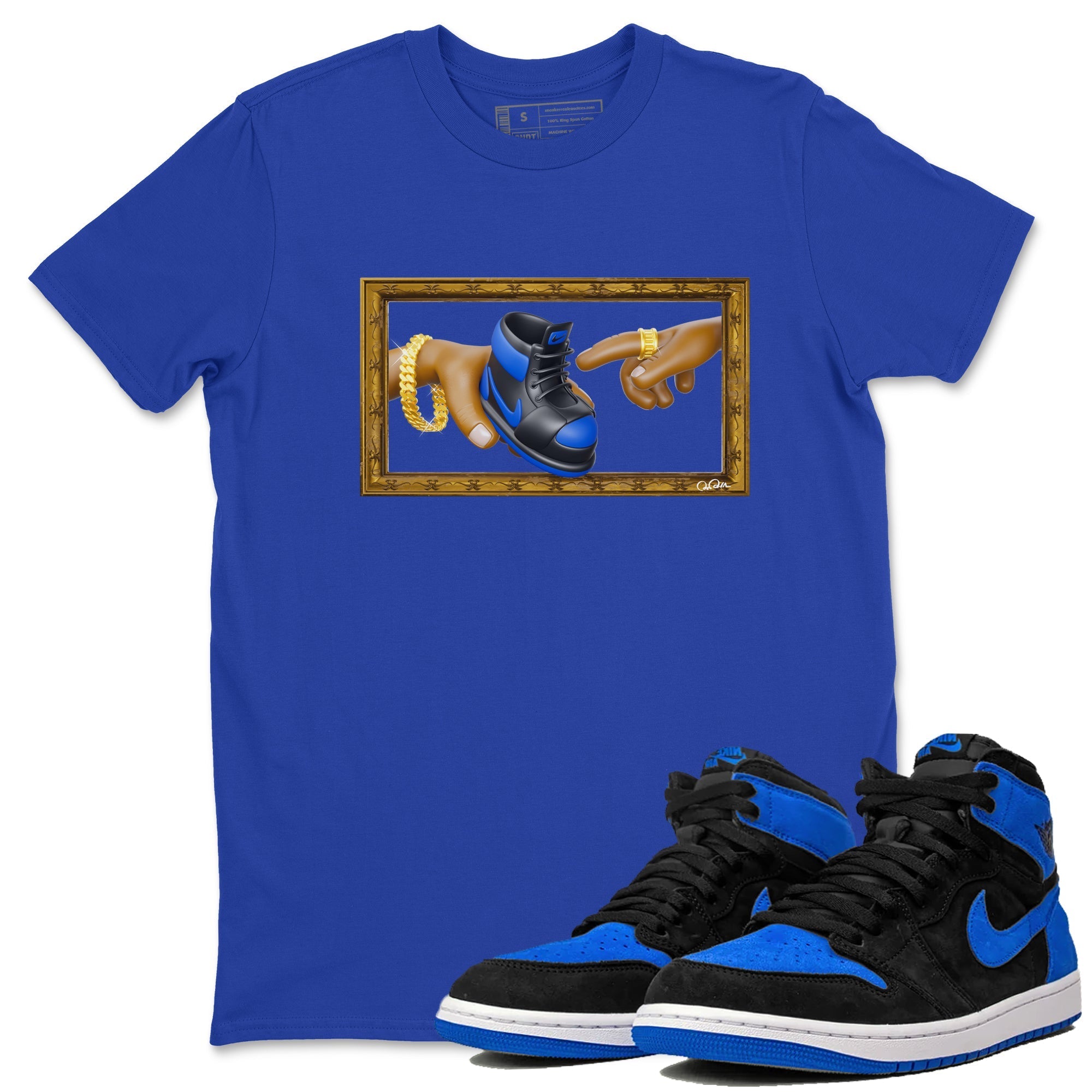 Air Jordan 1 Royal Reimagined shirt to match jordans The Creation of Adam sneaker tees AJ1 Royal Reimagined Drip Gear Zone Unisex Sneaker Tees and Sneaker Match T-Shirt Royal Blue 1 T-Shirt