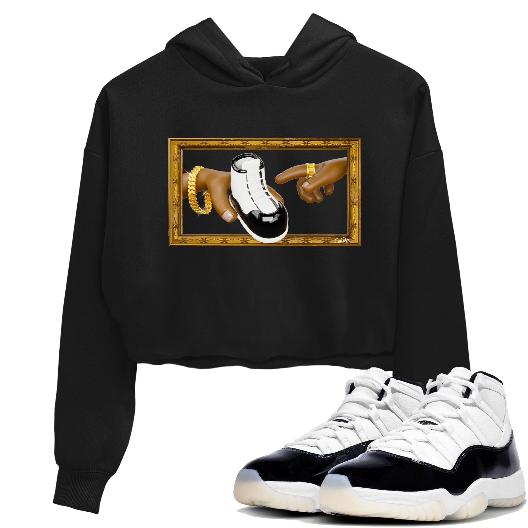Air Jordan 11 Gratitude shirt to match jordans The Creation Of Adam sneaker tees AJ11 Gratitude Drip Gear Zone Black 1 Crop T-Shirt