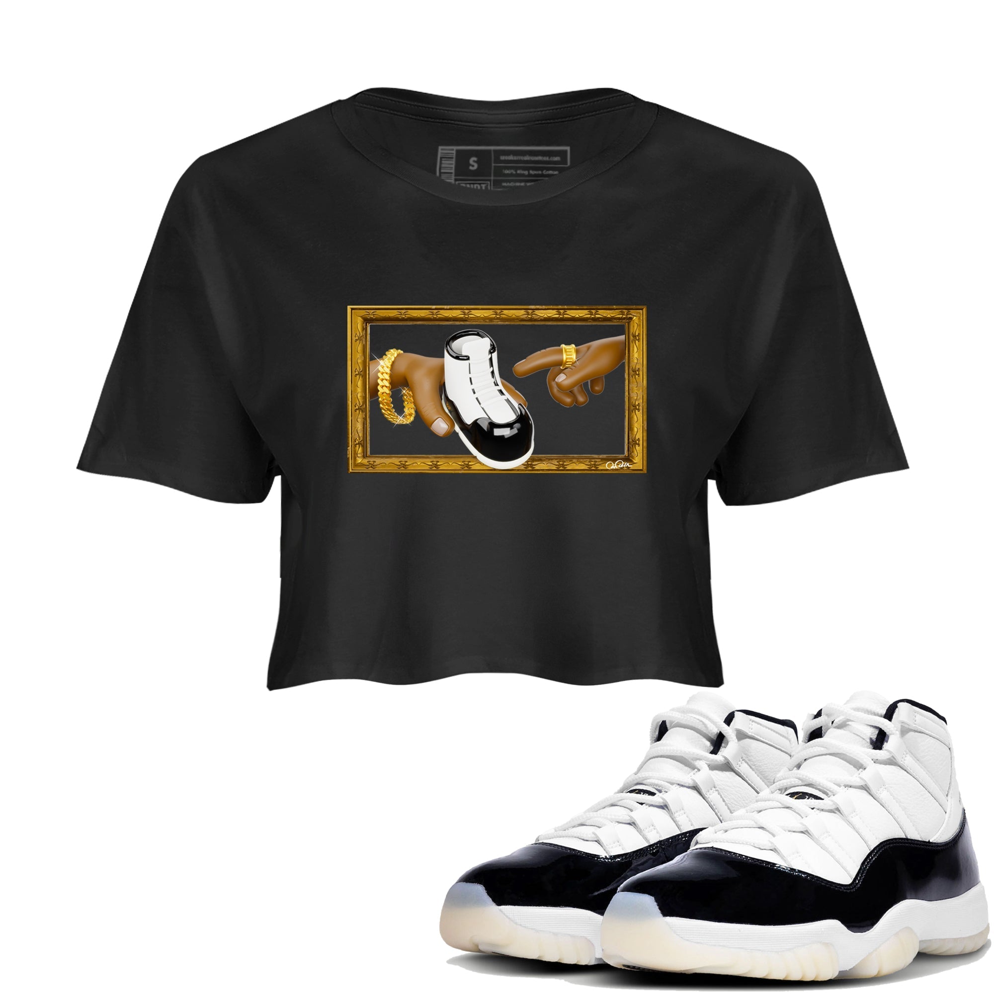 Air Jordan 11 Gratitude shirt to match jordans The Creation Of Adam sneaker tees AJ11 Gratitude Drip Gear Zone Black 1 Crop T-Shirt