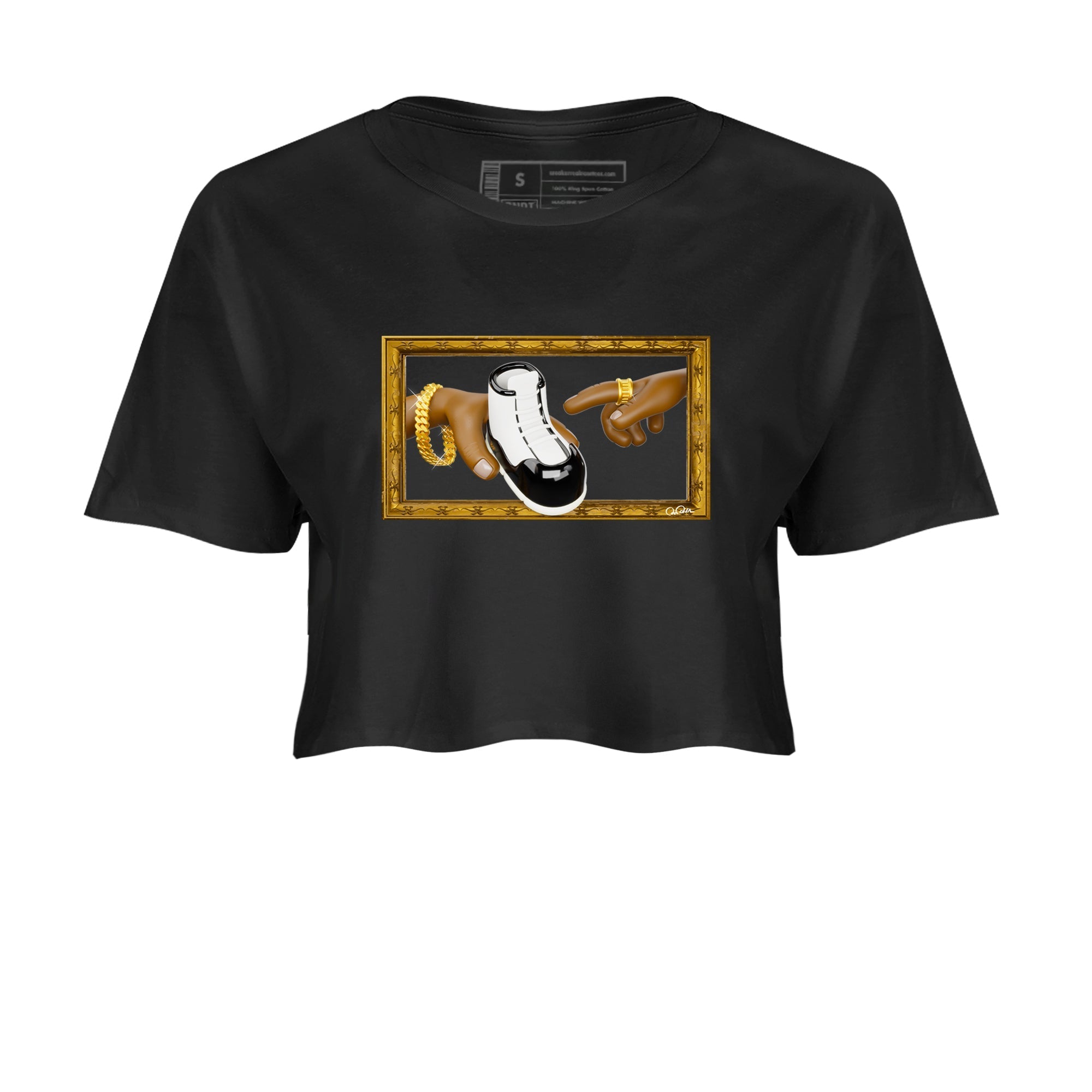Air Jordan 11 Gratitude shirt to match jordans The Creation Of Adam sneaker tees AJ11 Gratitude Drip Gear Zone Black 2 Crop T-Shirt