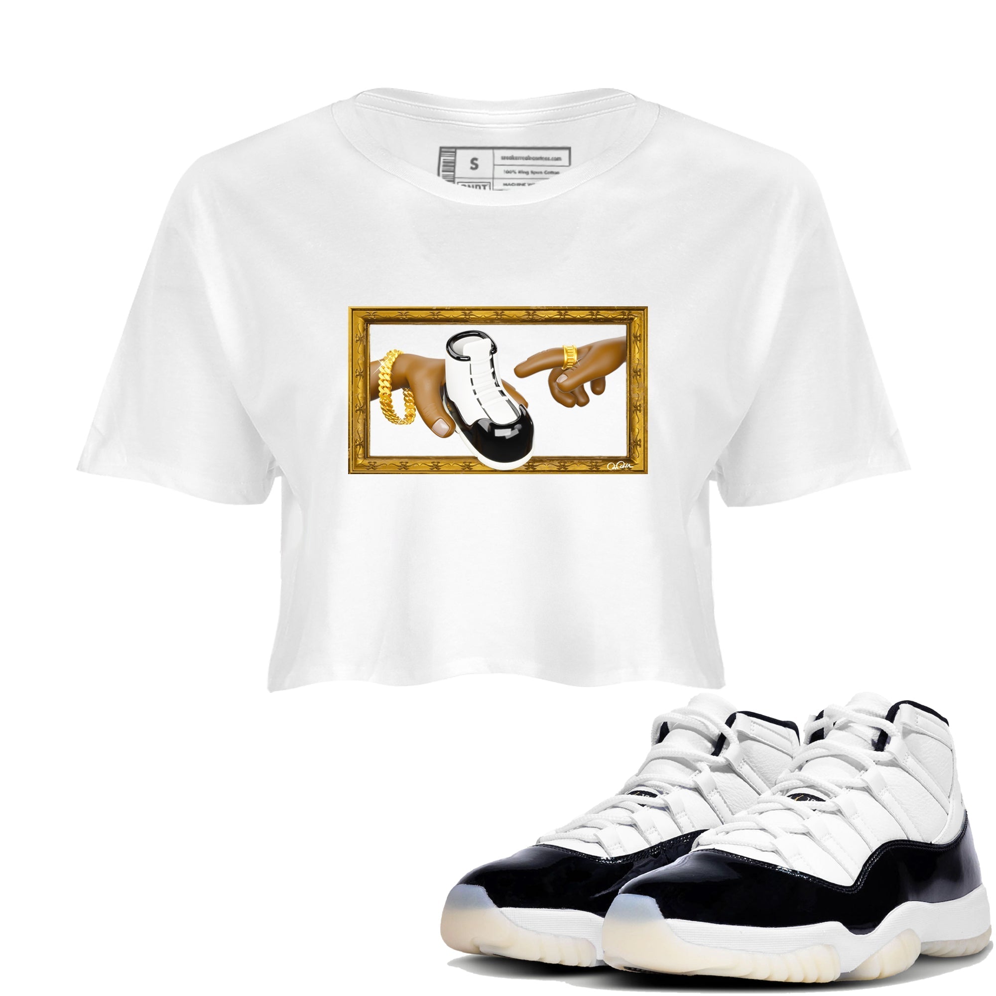 Air Jordan 11 Gratitude shirt to match jordans The Creation Of Adam sneaker tees AJ11 Gratitude Drip Gear Zone White 1 Crop T-Shirt